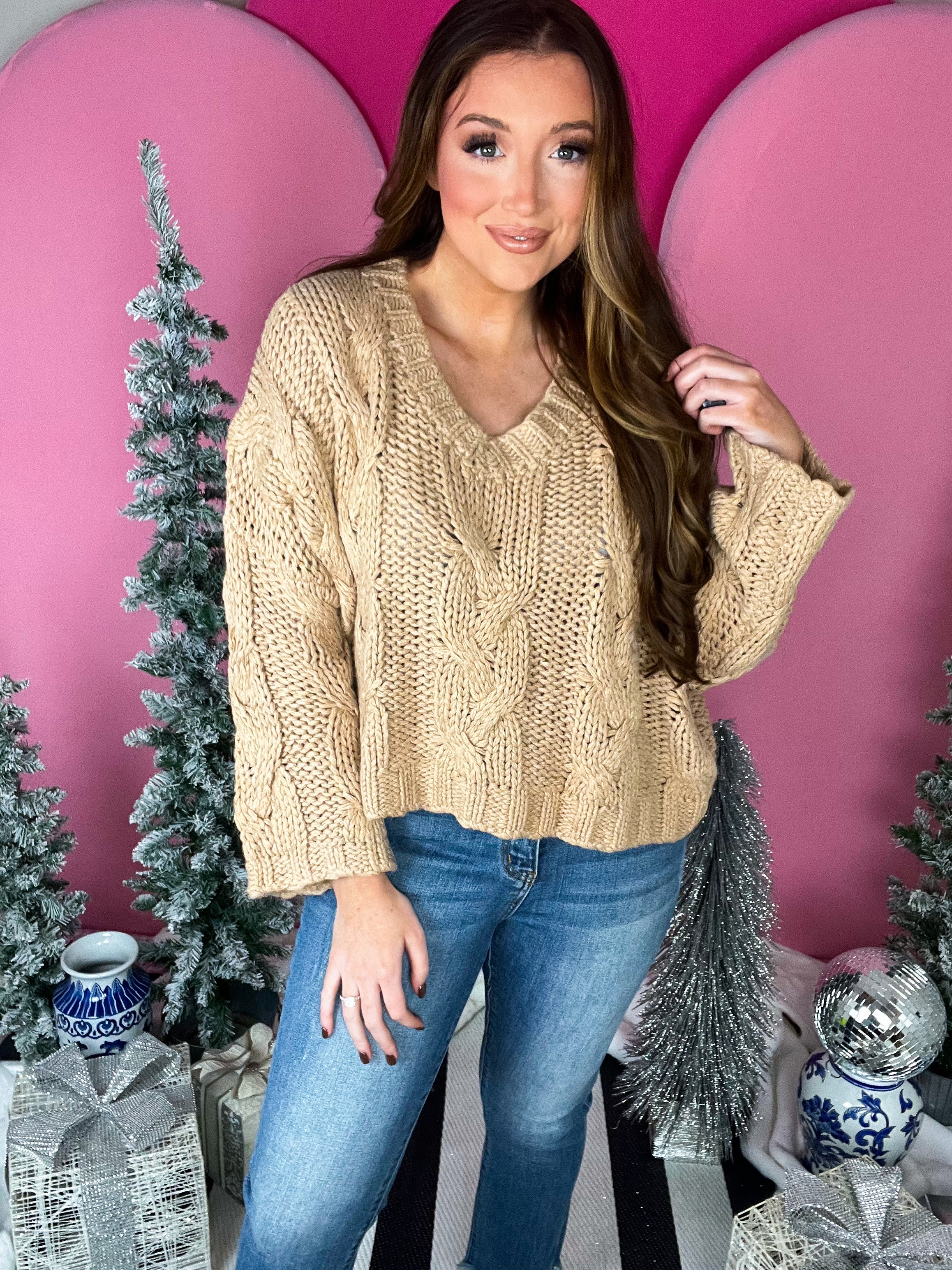 Taupe V Neck Cable Sweater