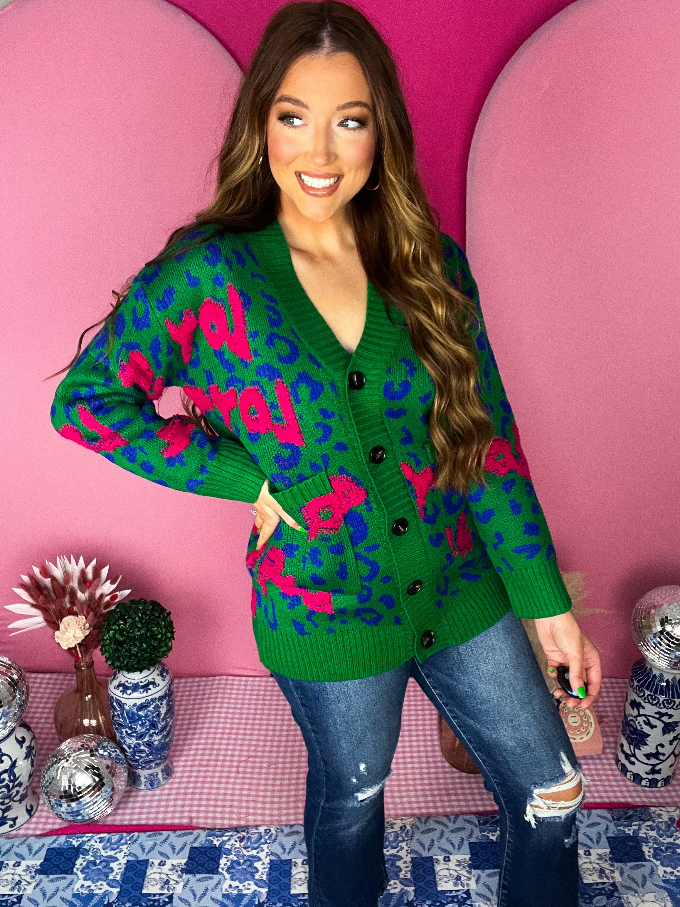 Green Leopard Jacquard Cardigan