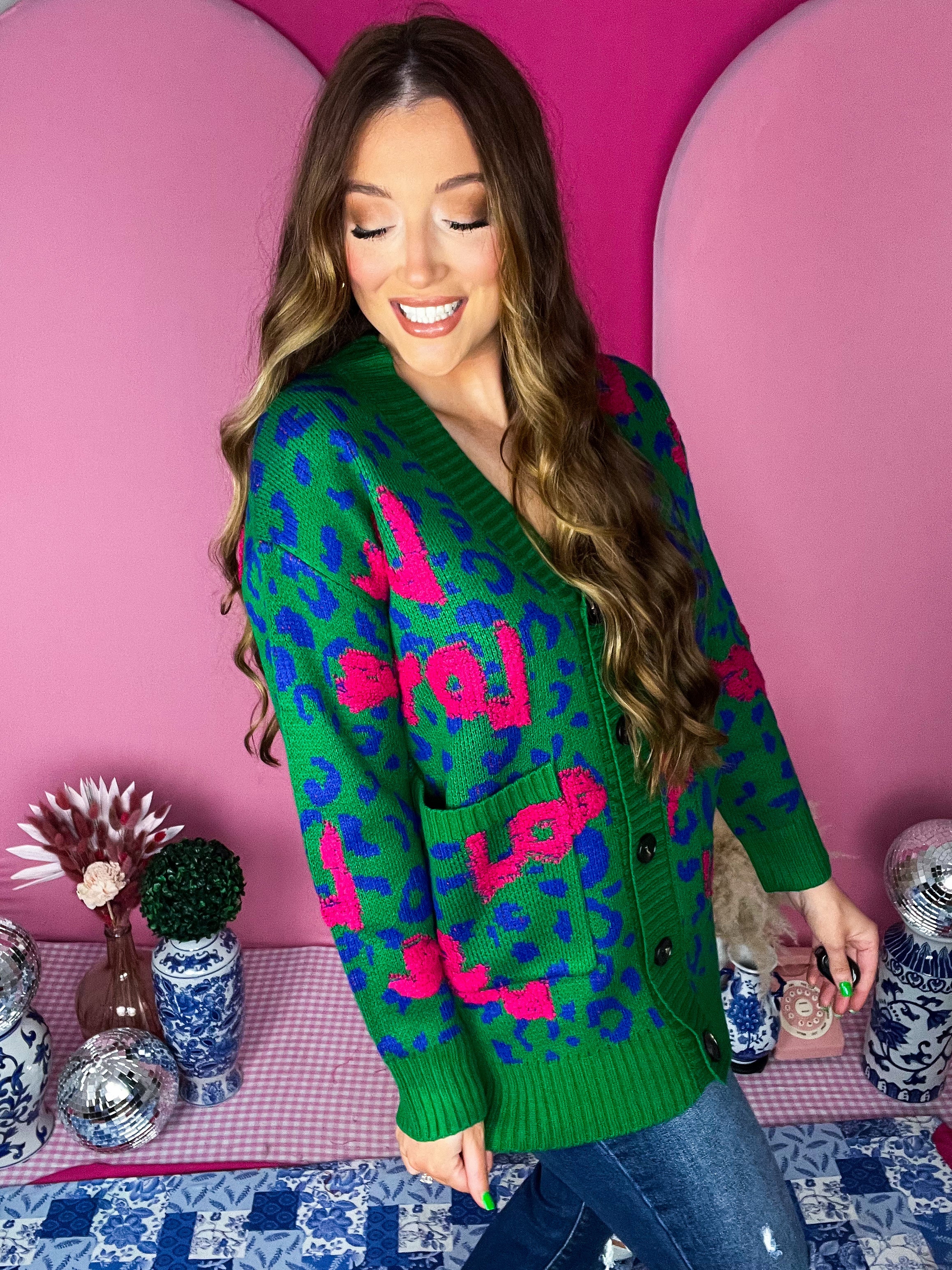 Green Leopard Jacquard Cardigan