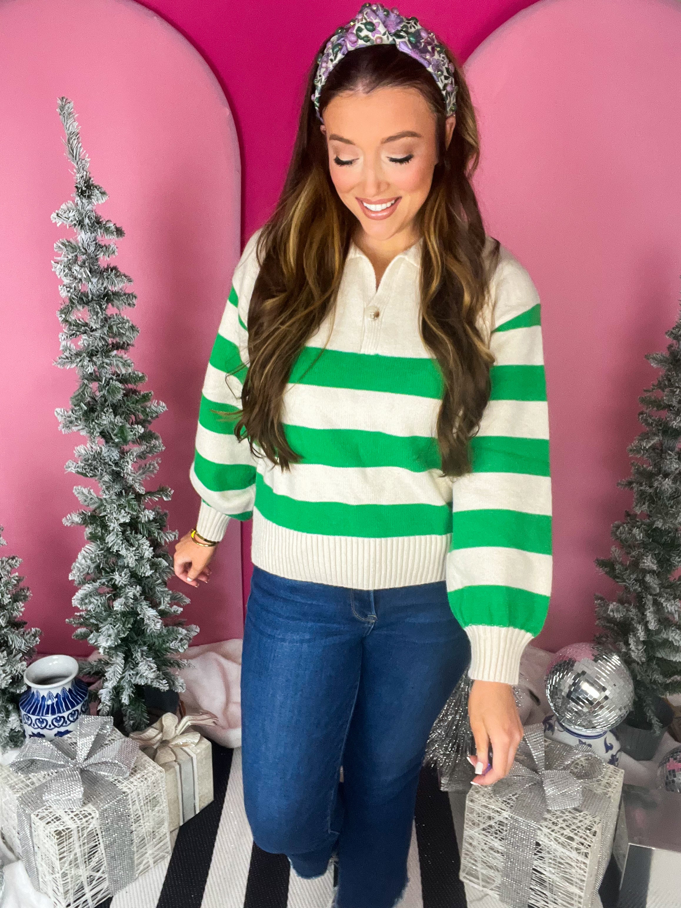 Green Striped Collared Sweater