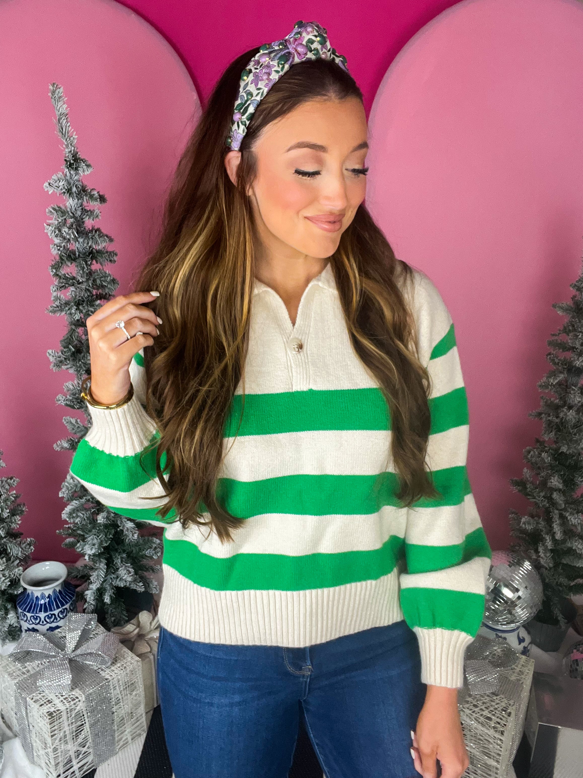Green Striped Collared Sweater