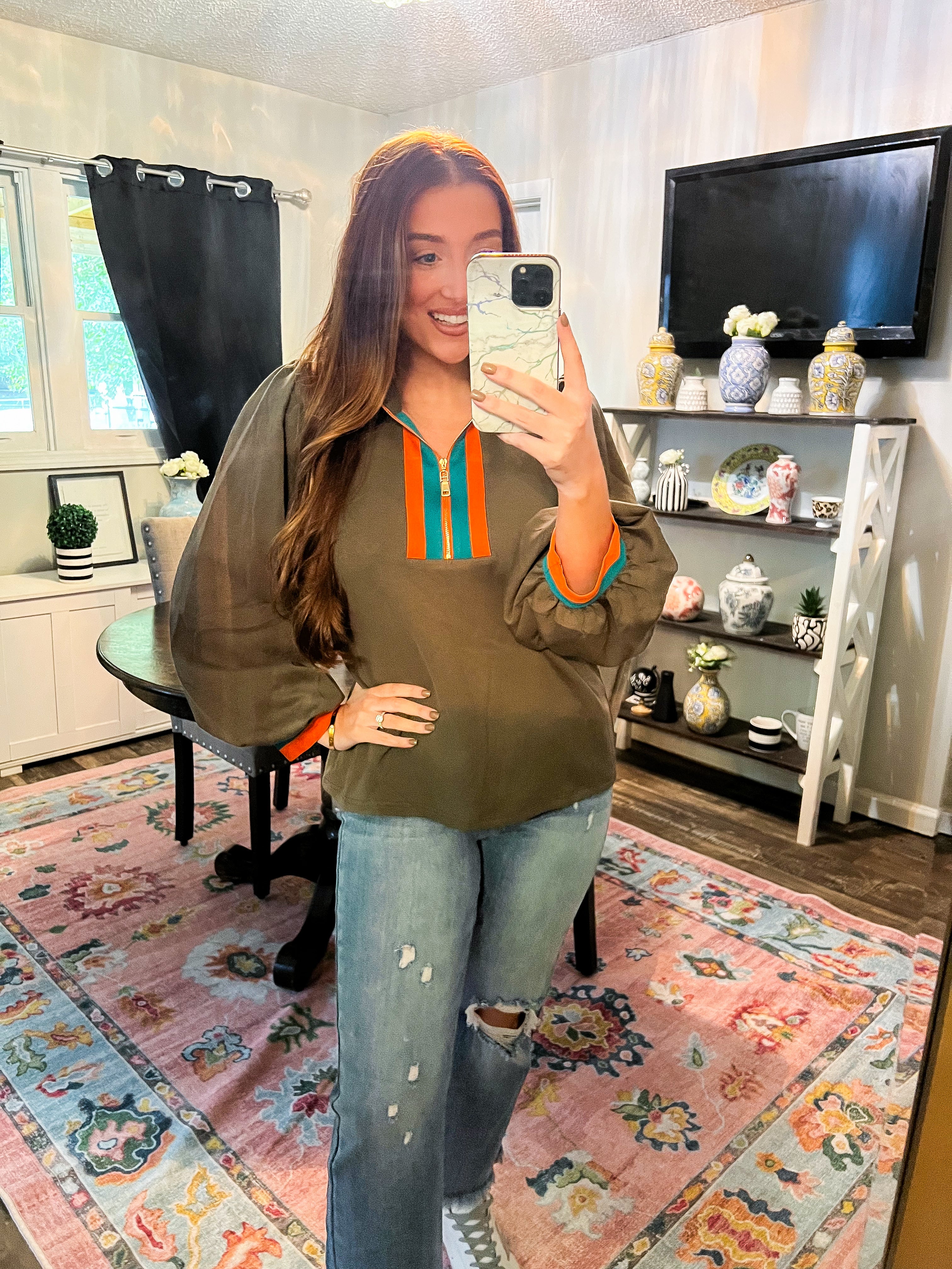 Olive Rib Band Front Zip