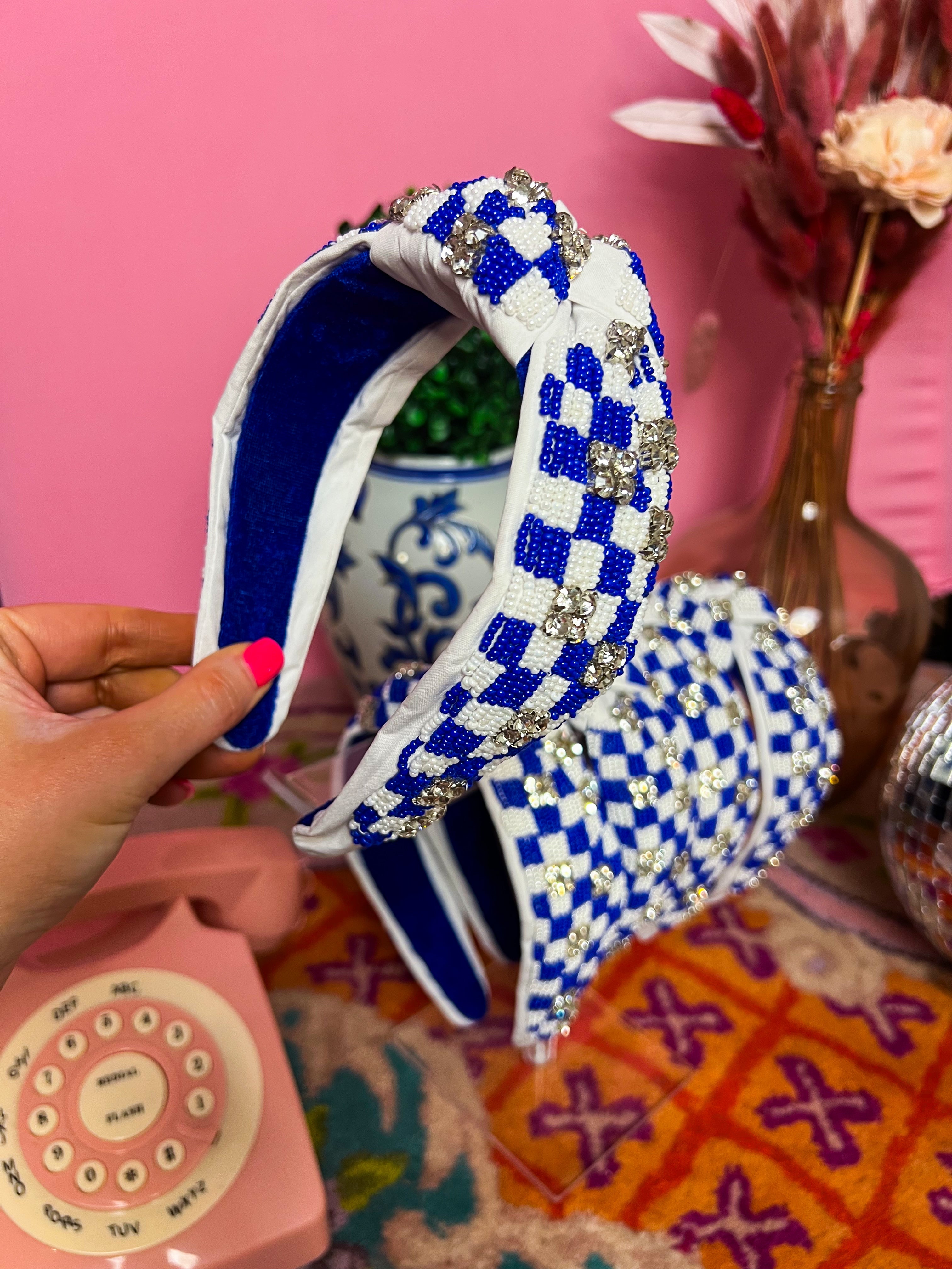 Royal & White Checkered Crystal Embellished Headband