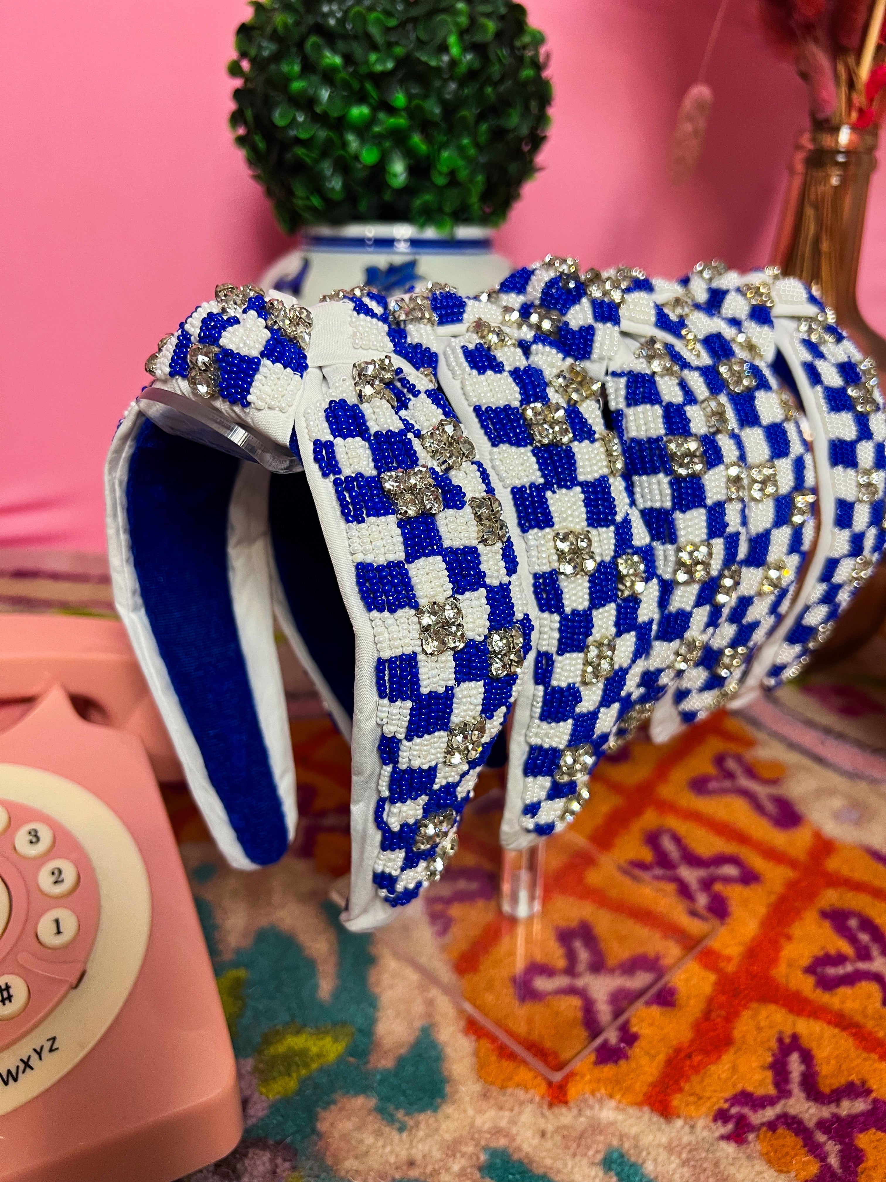 Royal & White Checkered Crystal Embellished Headband