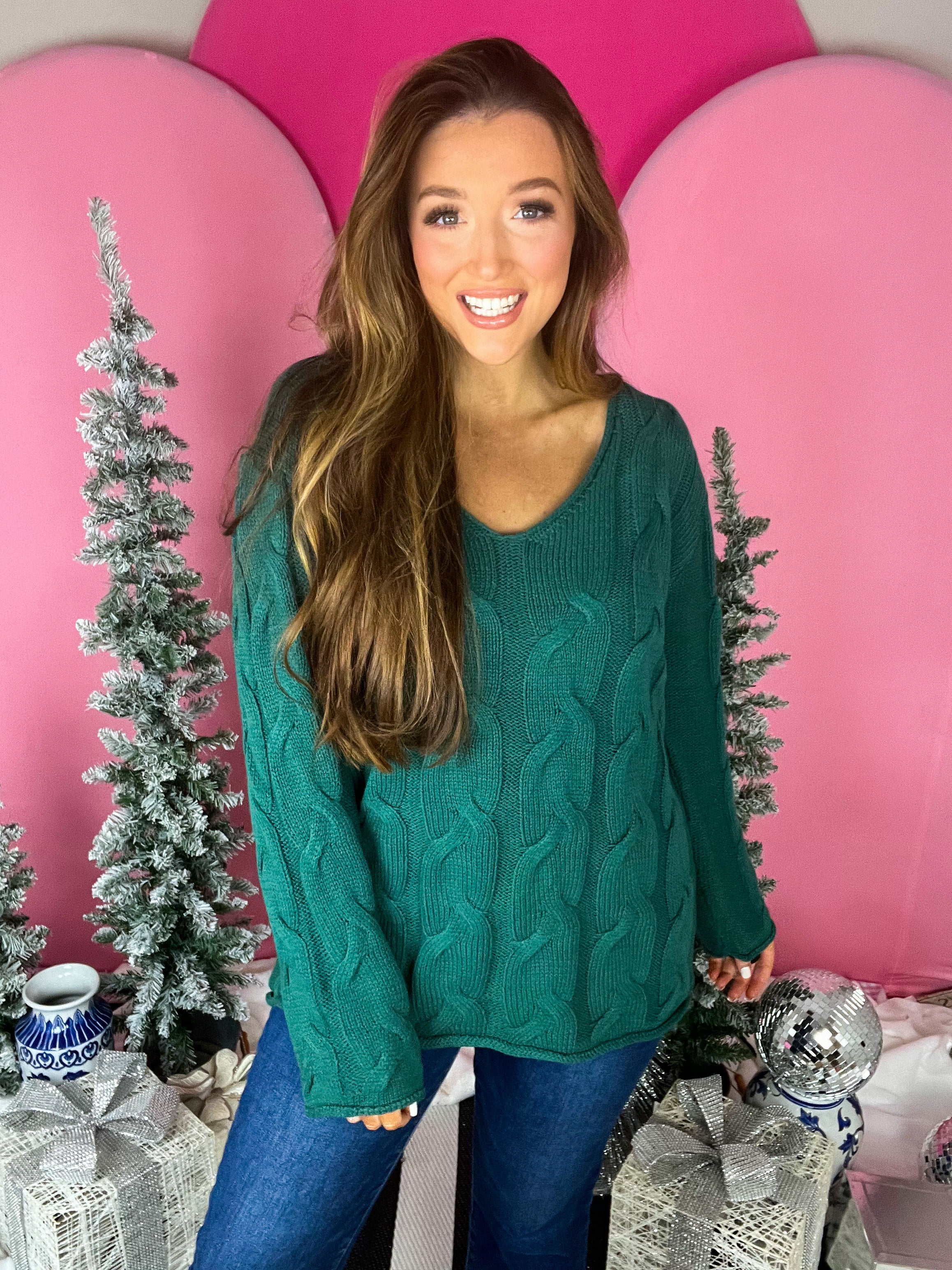 Dark Green Knit Cable Sweater