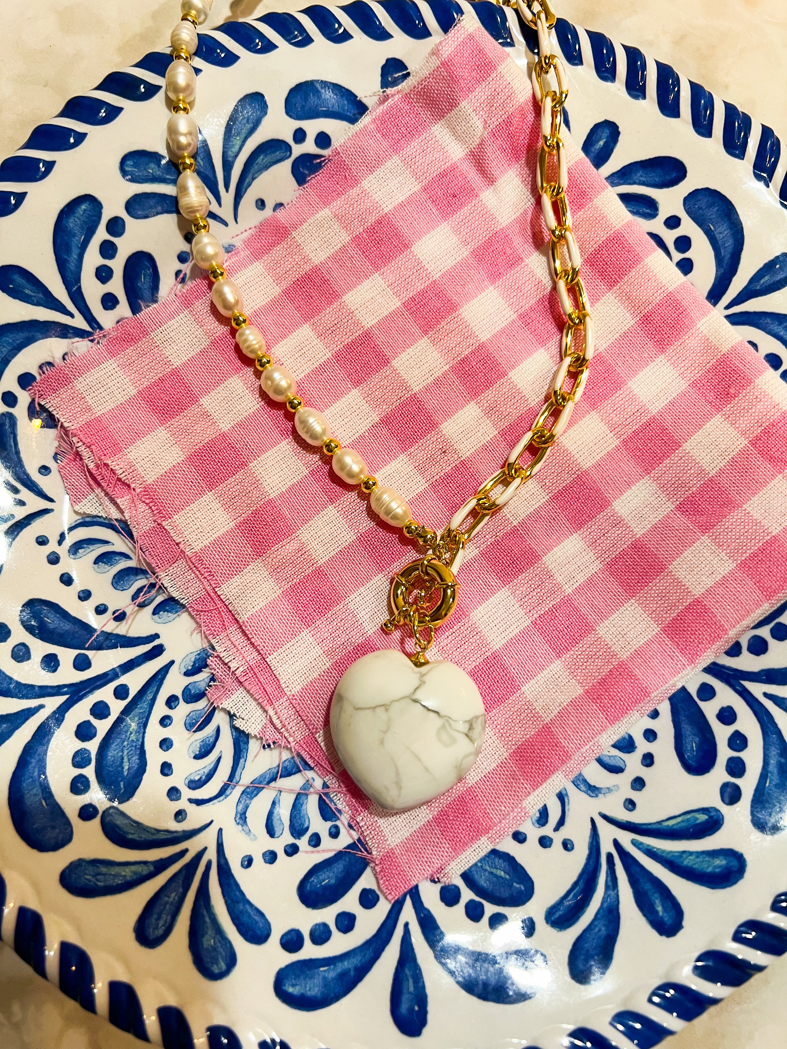 White Clay Marble Enamel Heart Necklace