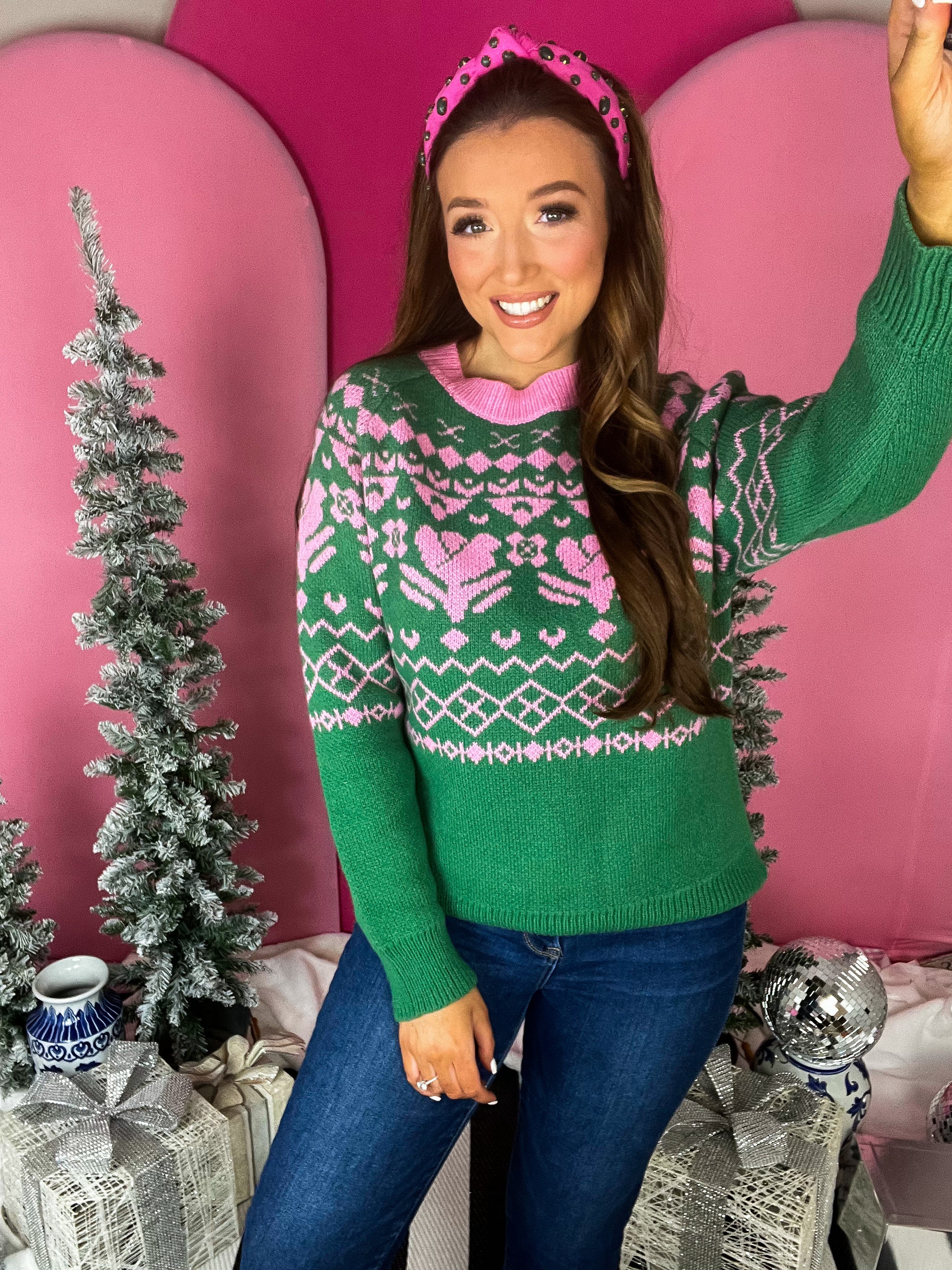 Vivid Green Vintage Flower Knit Sweater