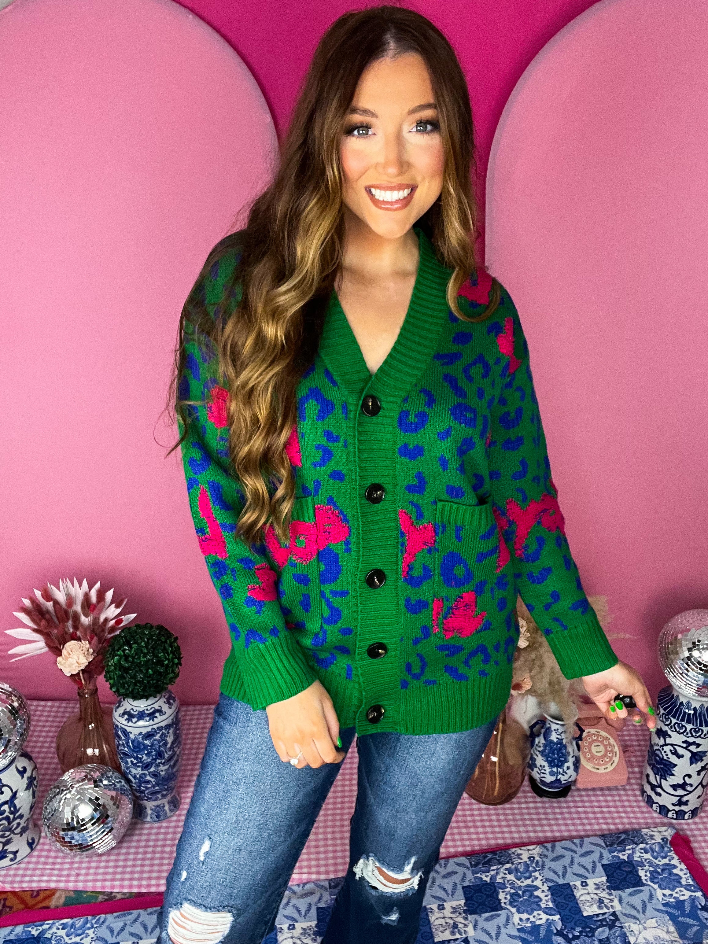 Green Leopard Jacquard Cardigan