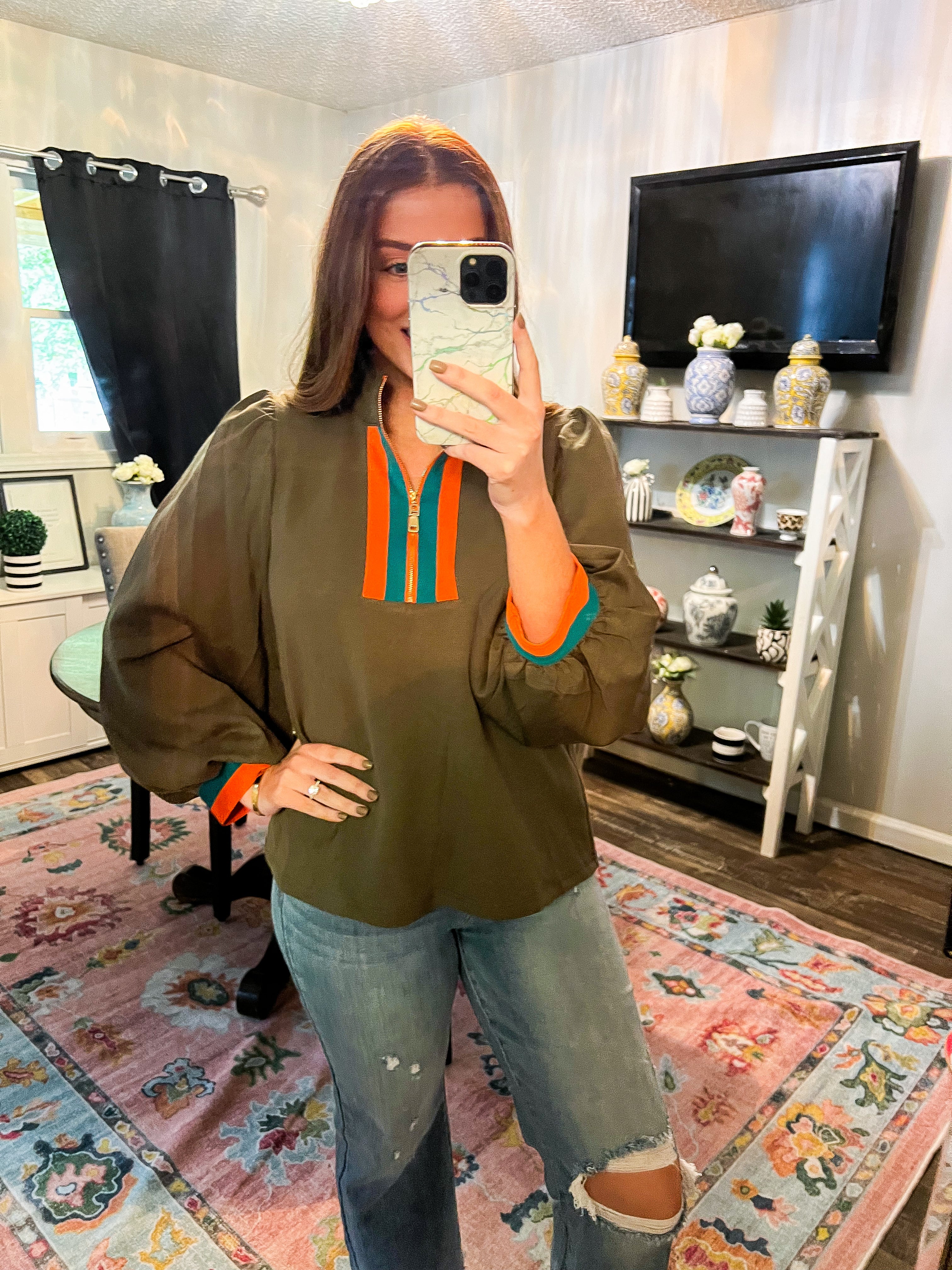 Olive Rib Band Front Zip