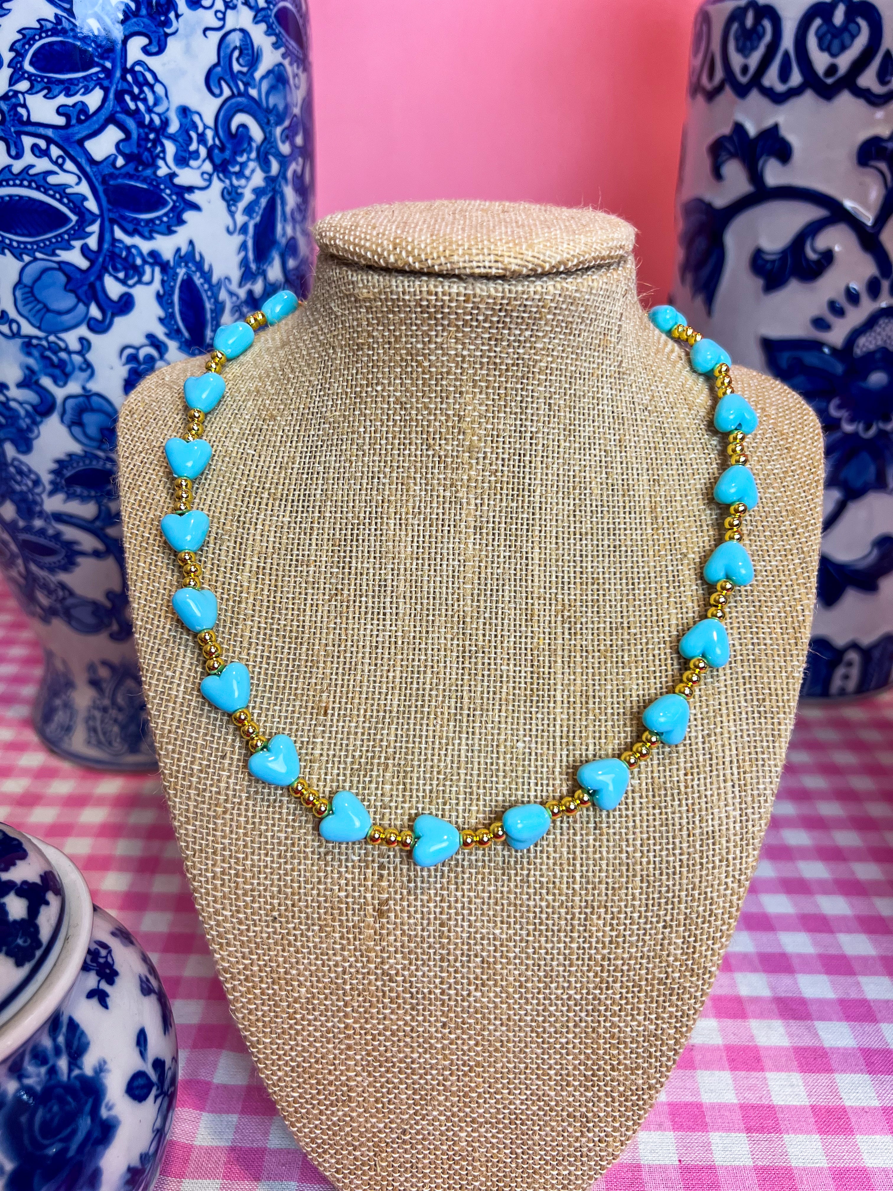 Turquoise Beaded Heart Gold Necklace