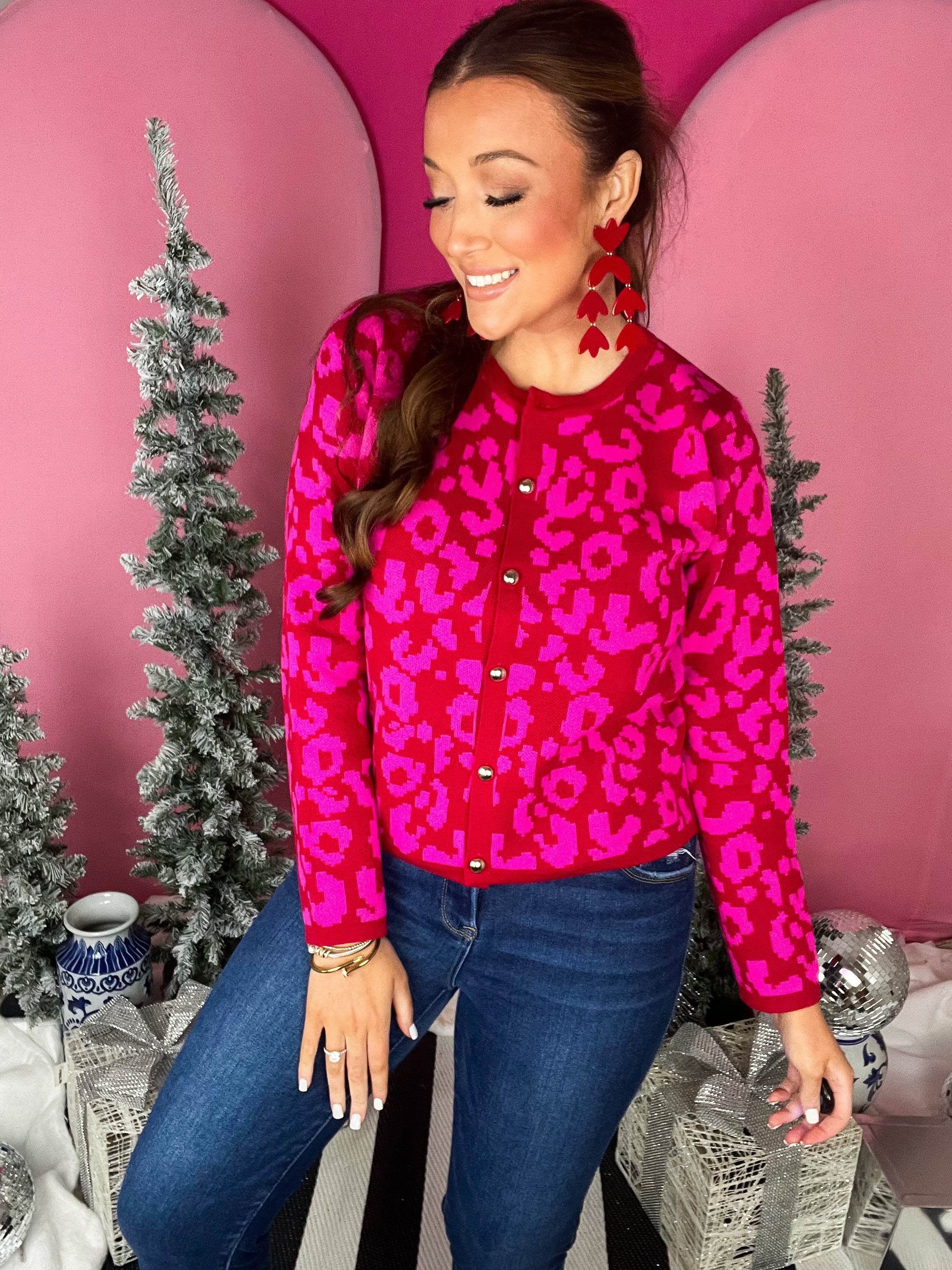 Red/Pink Leopard Button Sweater