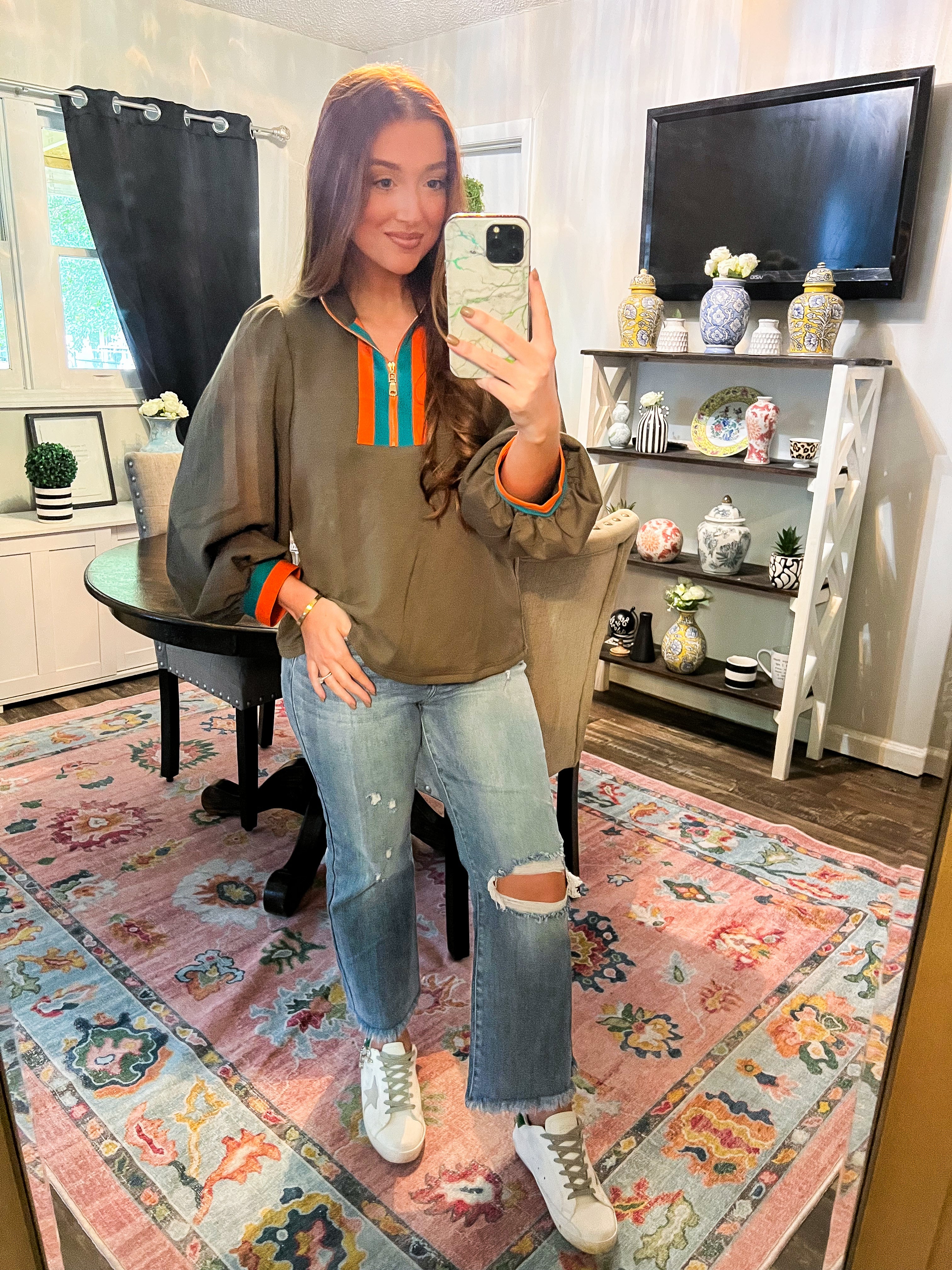 Olive Rib Band Front Zip