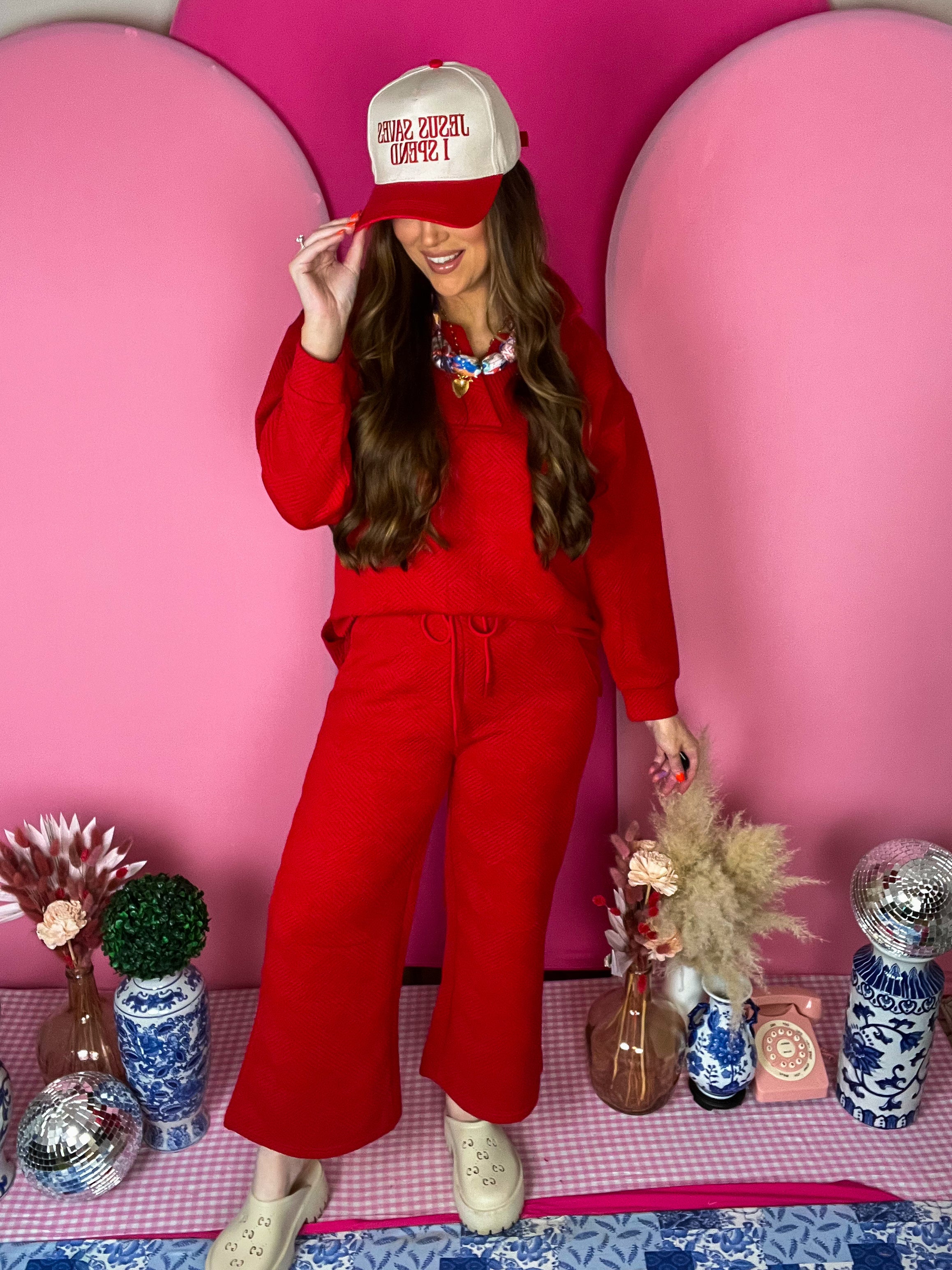 Red Texture Wide Cropped Pants