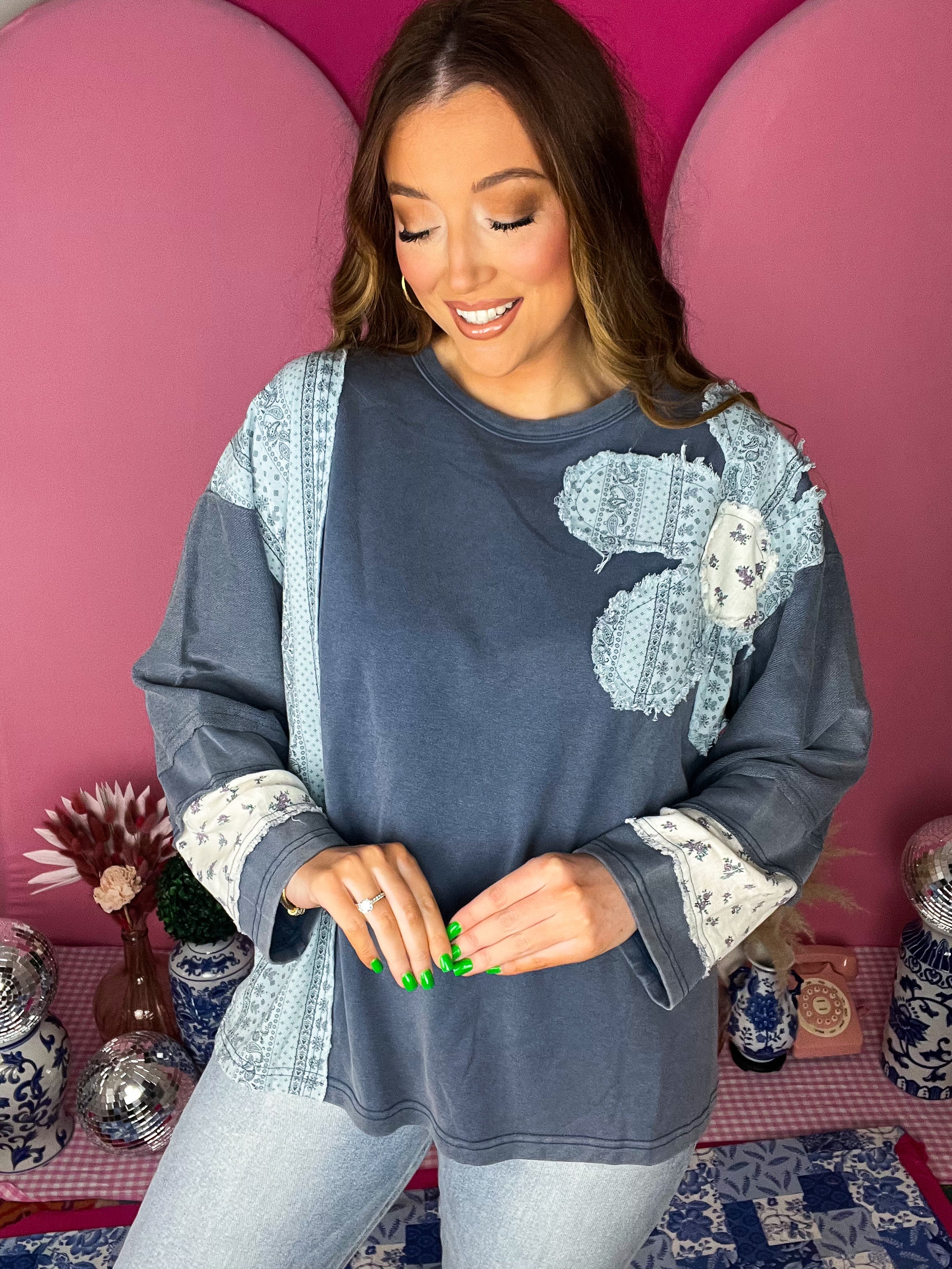 Denim French Terry Patchwork Pullover