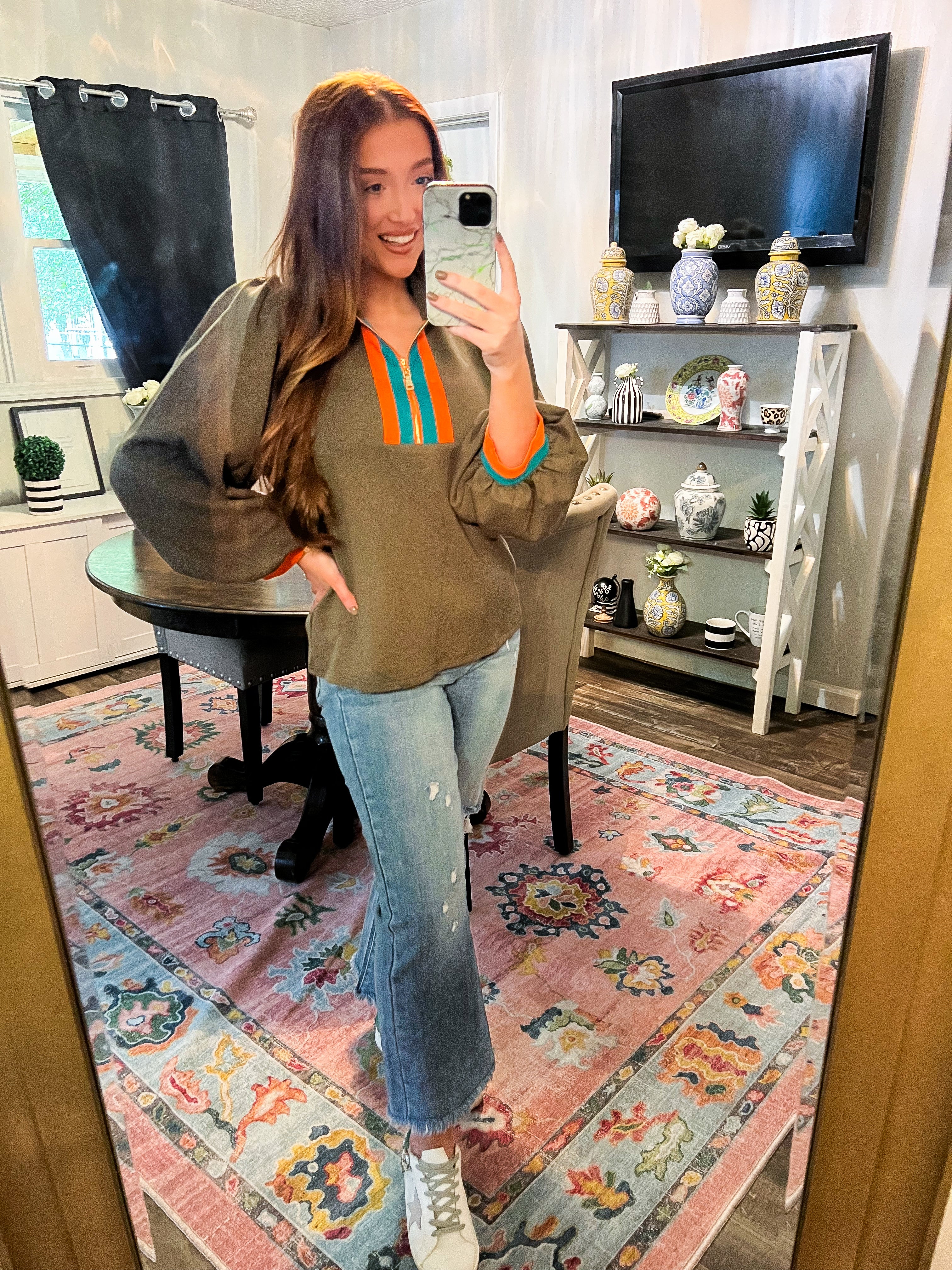 Olive Rib Band Front Zip