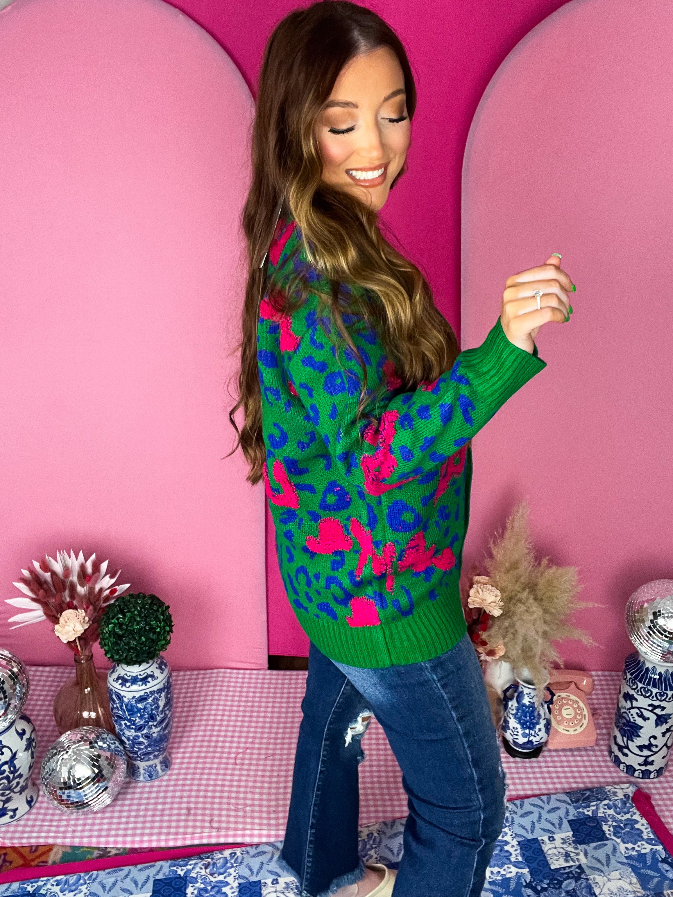 Green Leopard Jacquard Cardigan