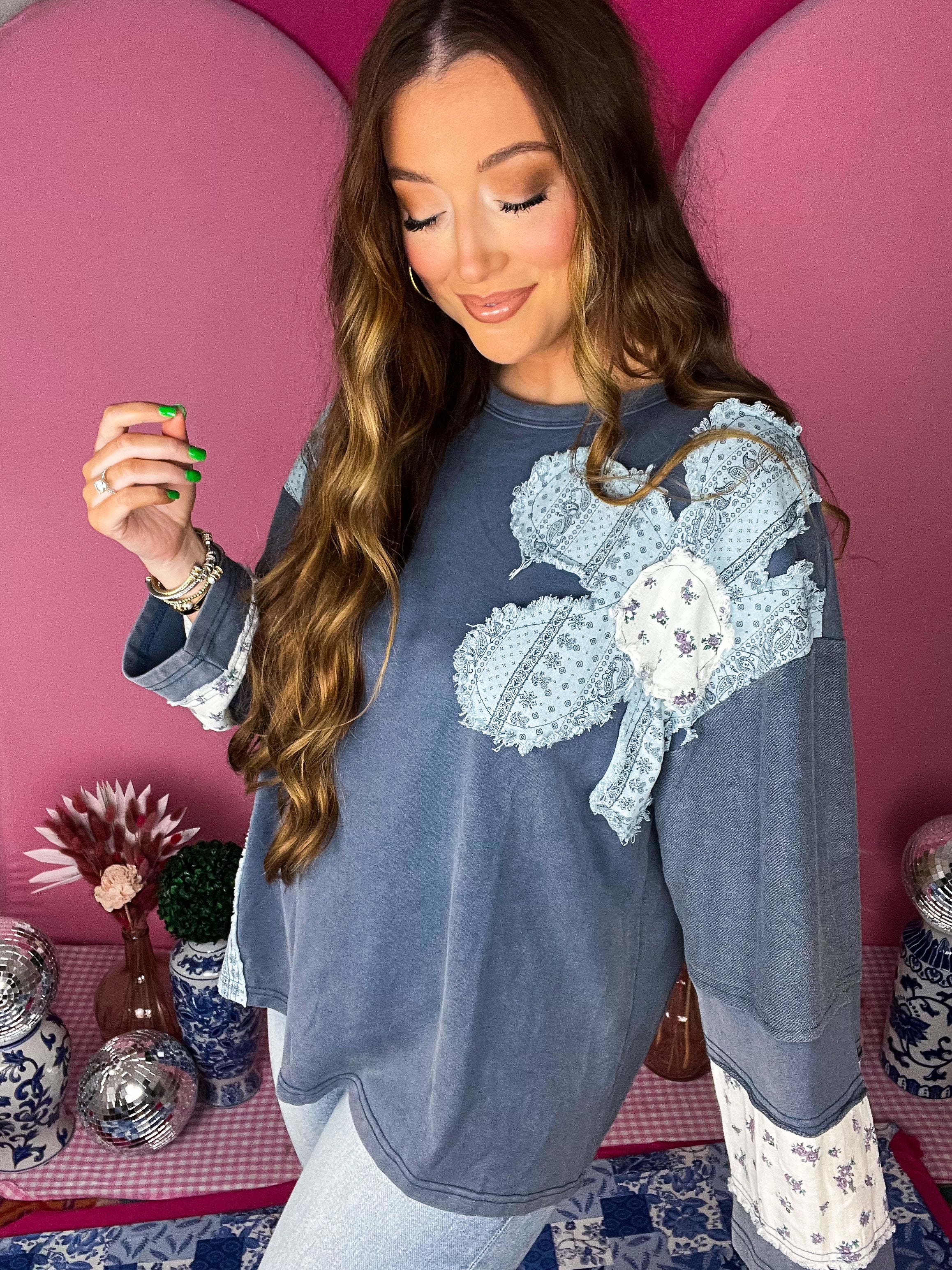 Denim French Terry Patchwork Pullover