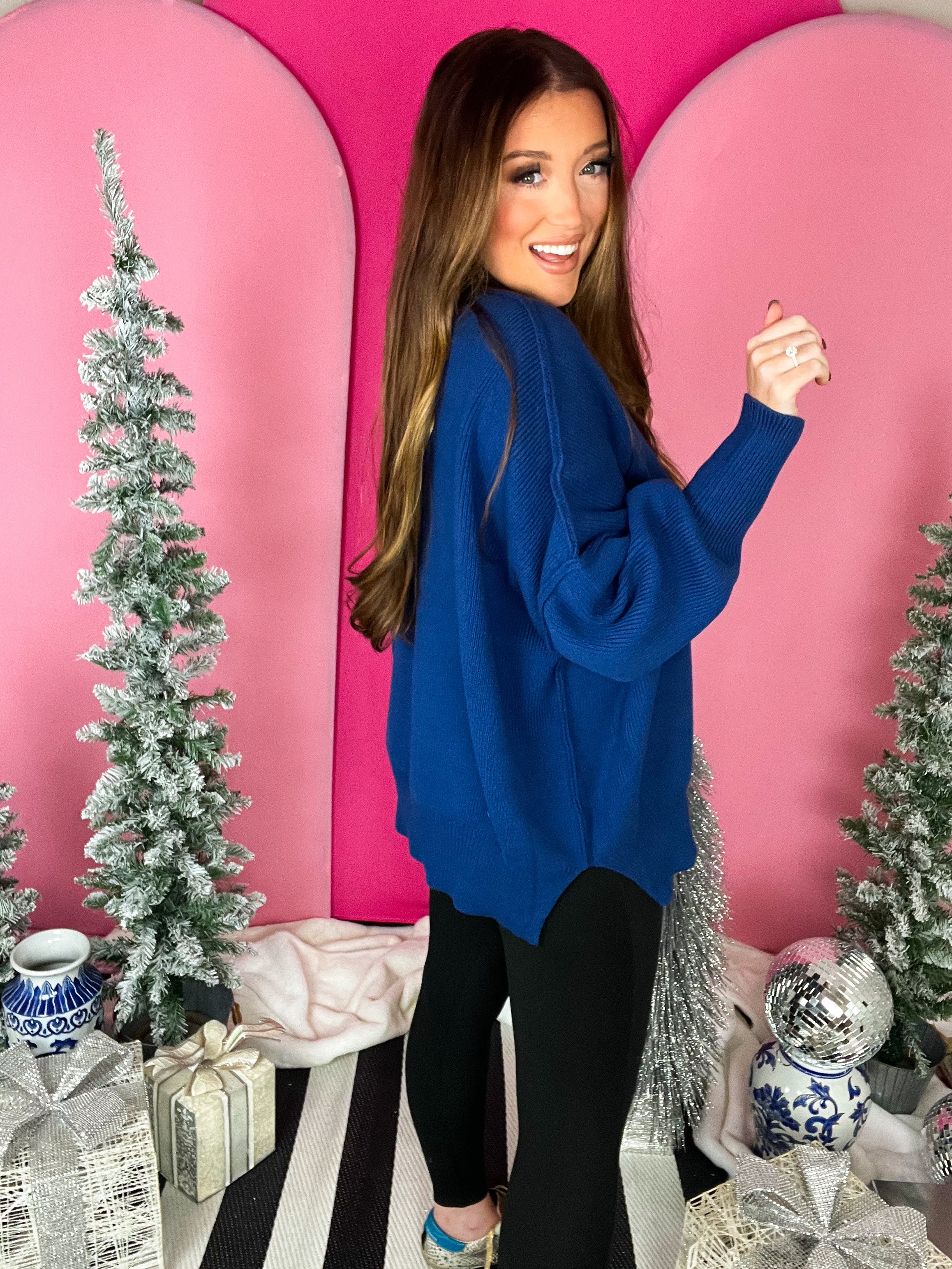 Oversized Side Slit Blue Sweater