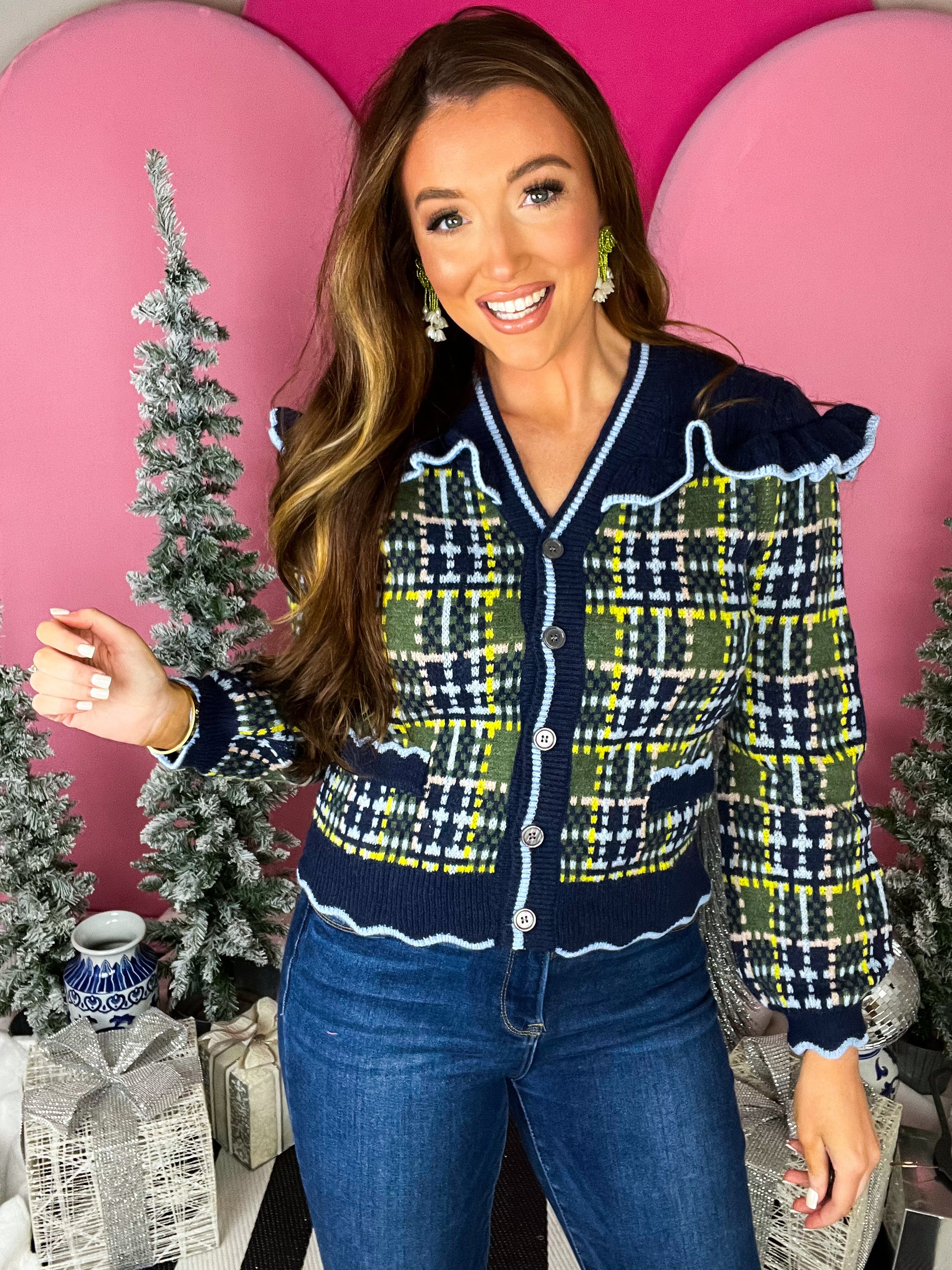 Navy Ruffle Plaid Cardigan