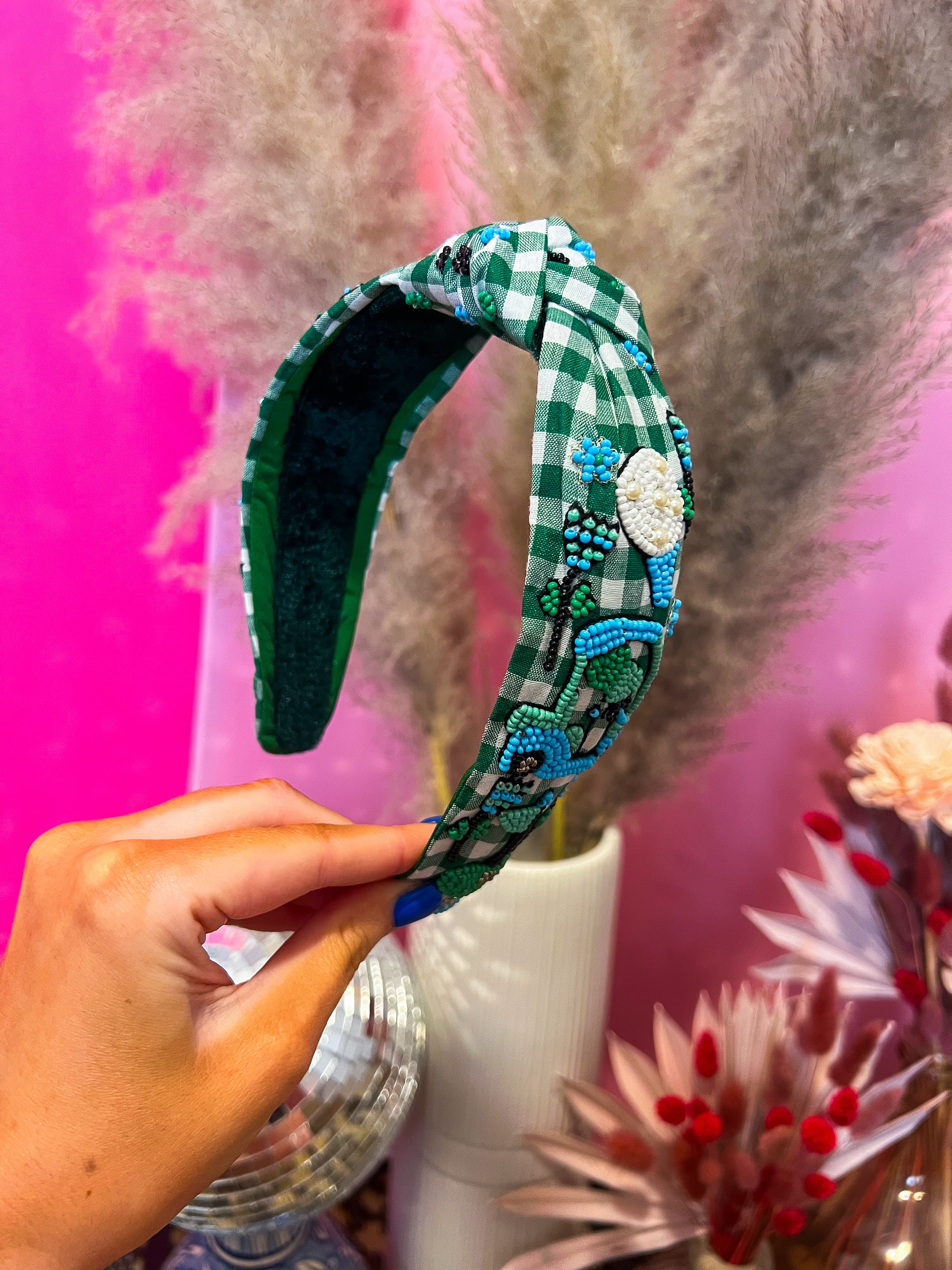 Green Plaid Beaded Golf Headband