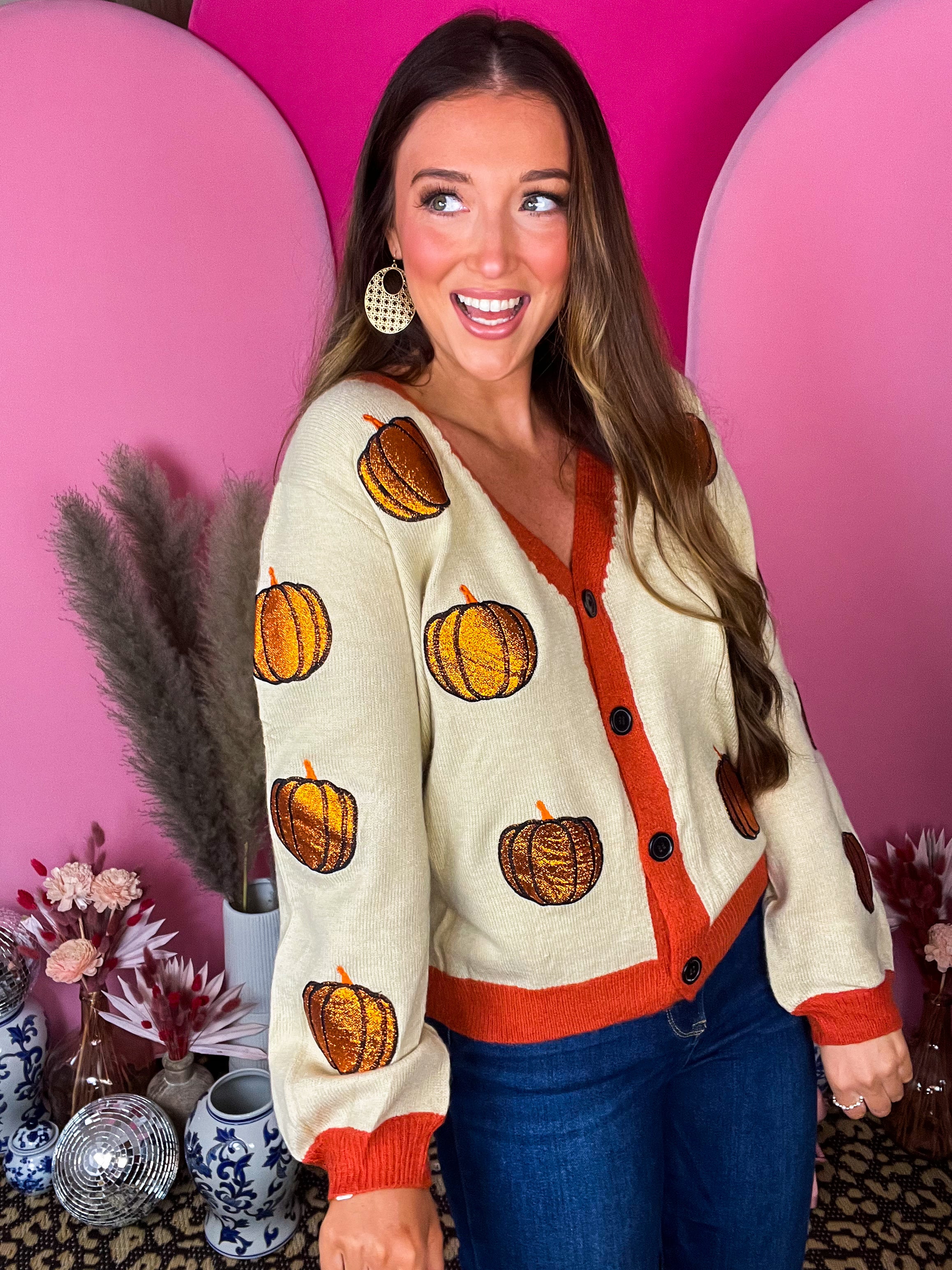 Cream Pumpkin Embroidered Cardigan