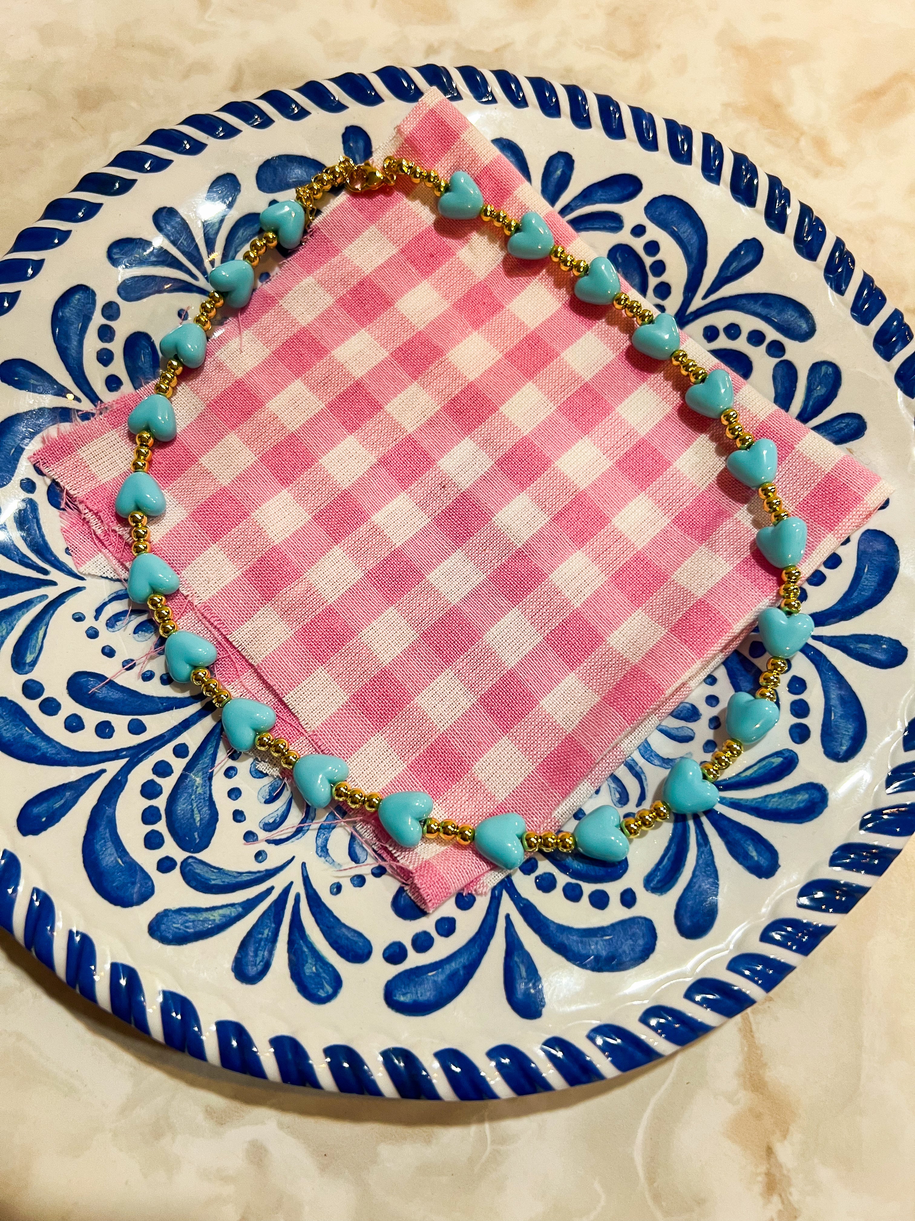 Turquoise Beaded Heart Gold Necklace