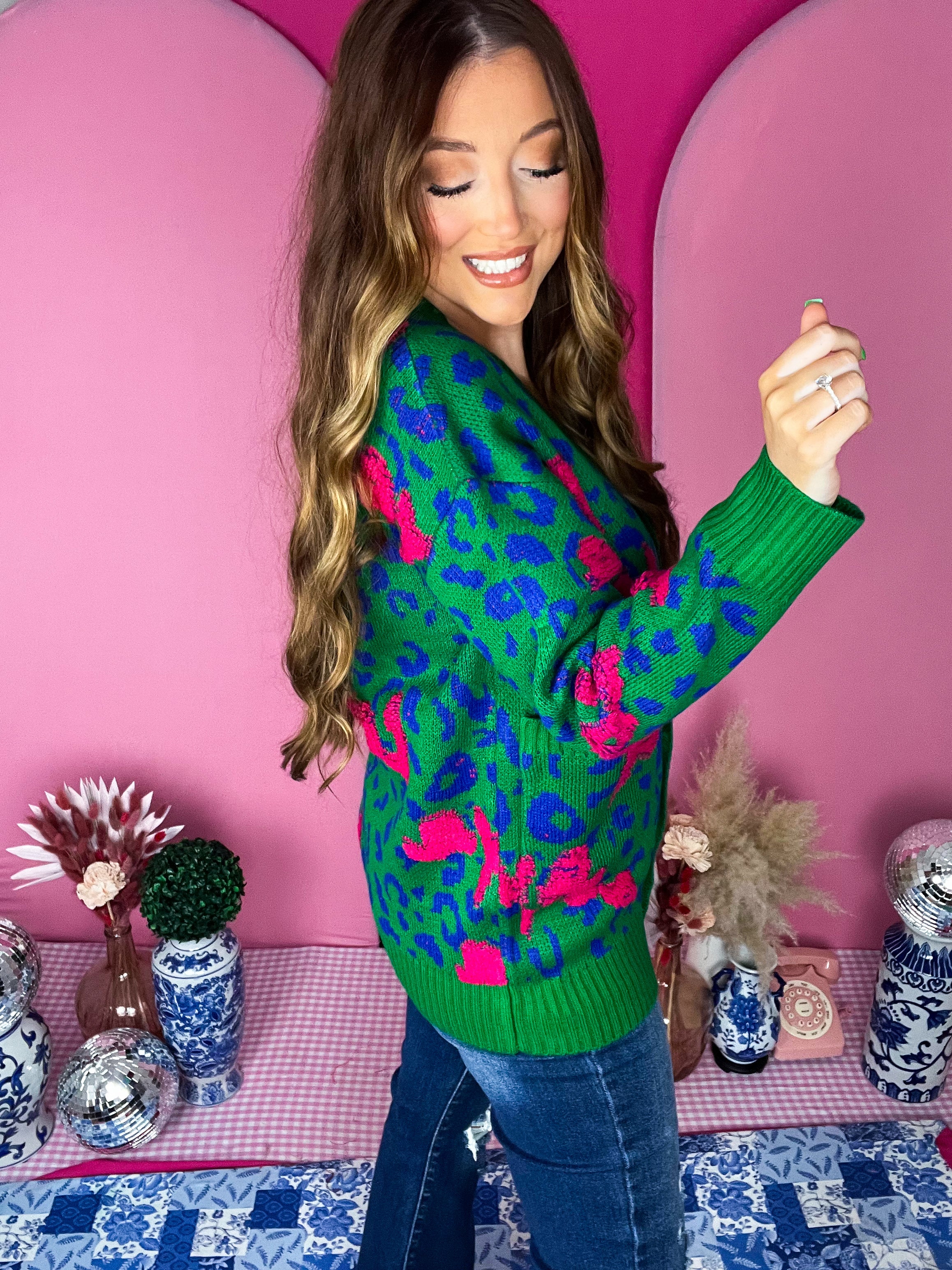 Green Leopard Jacquard Cardigan