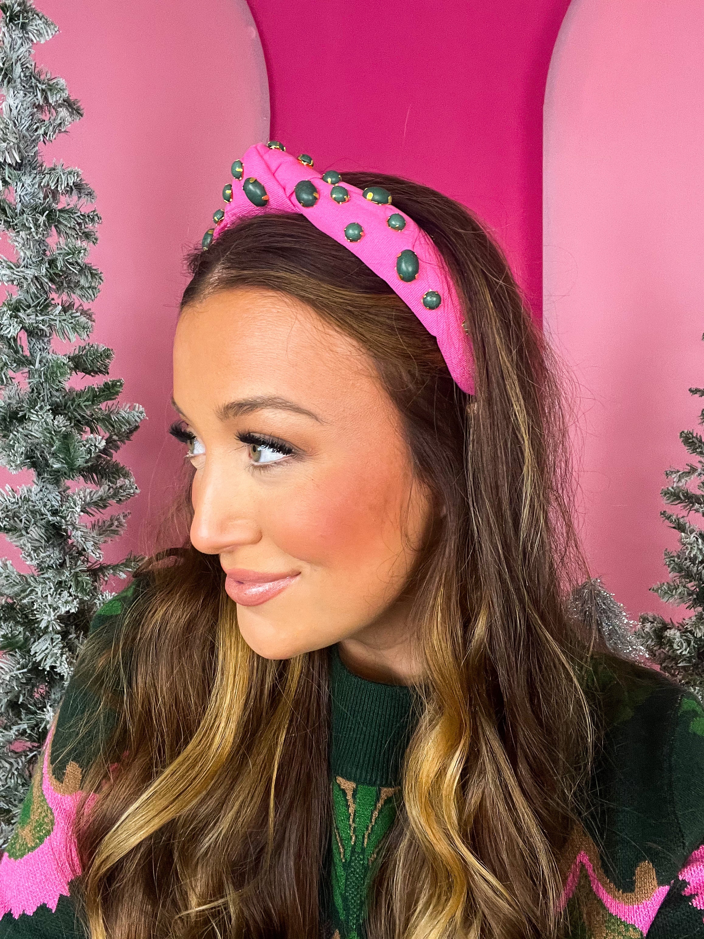 Bubblegum with Green Stone Slim Hello Eddie Headband