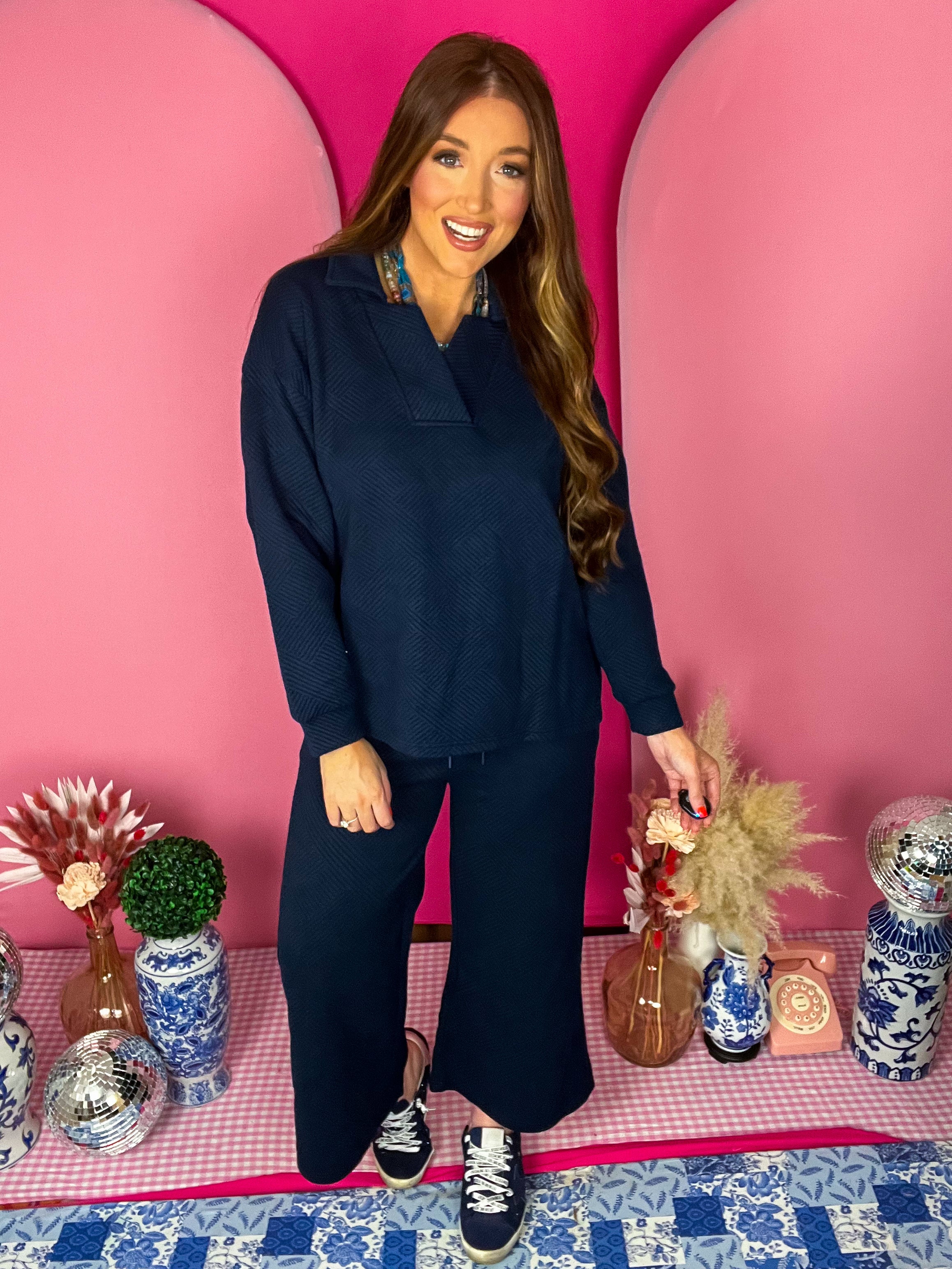 Navy Texture Wide Cropped Pants