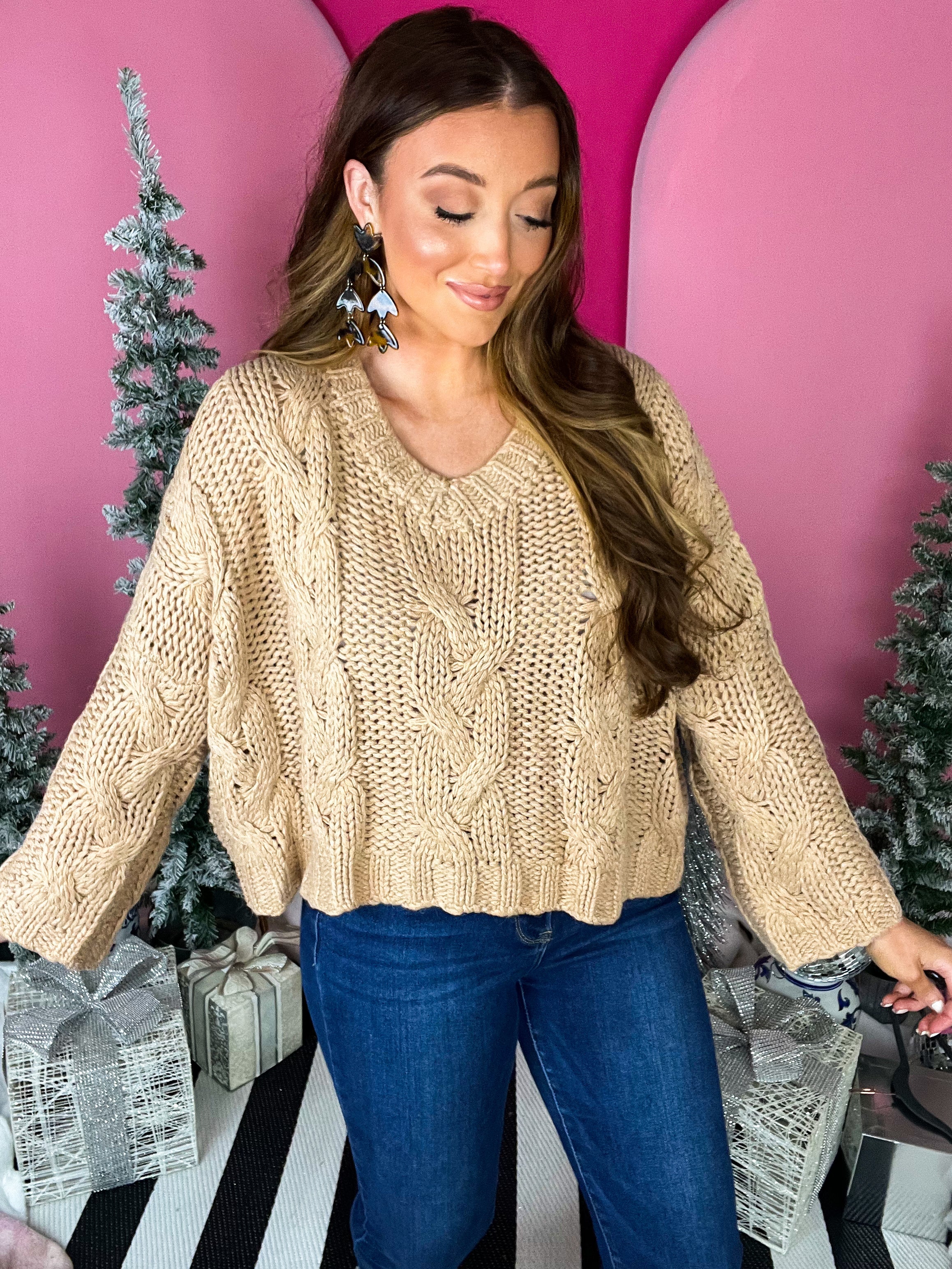 Taupe V Neck Cable Sweater
