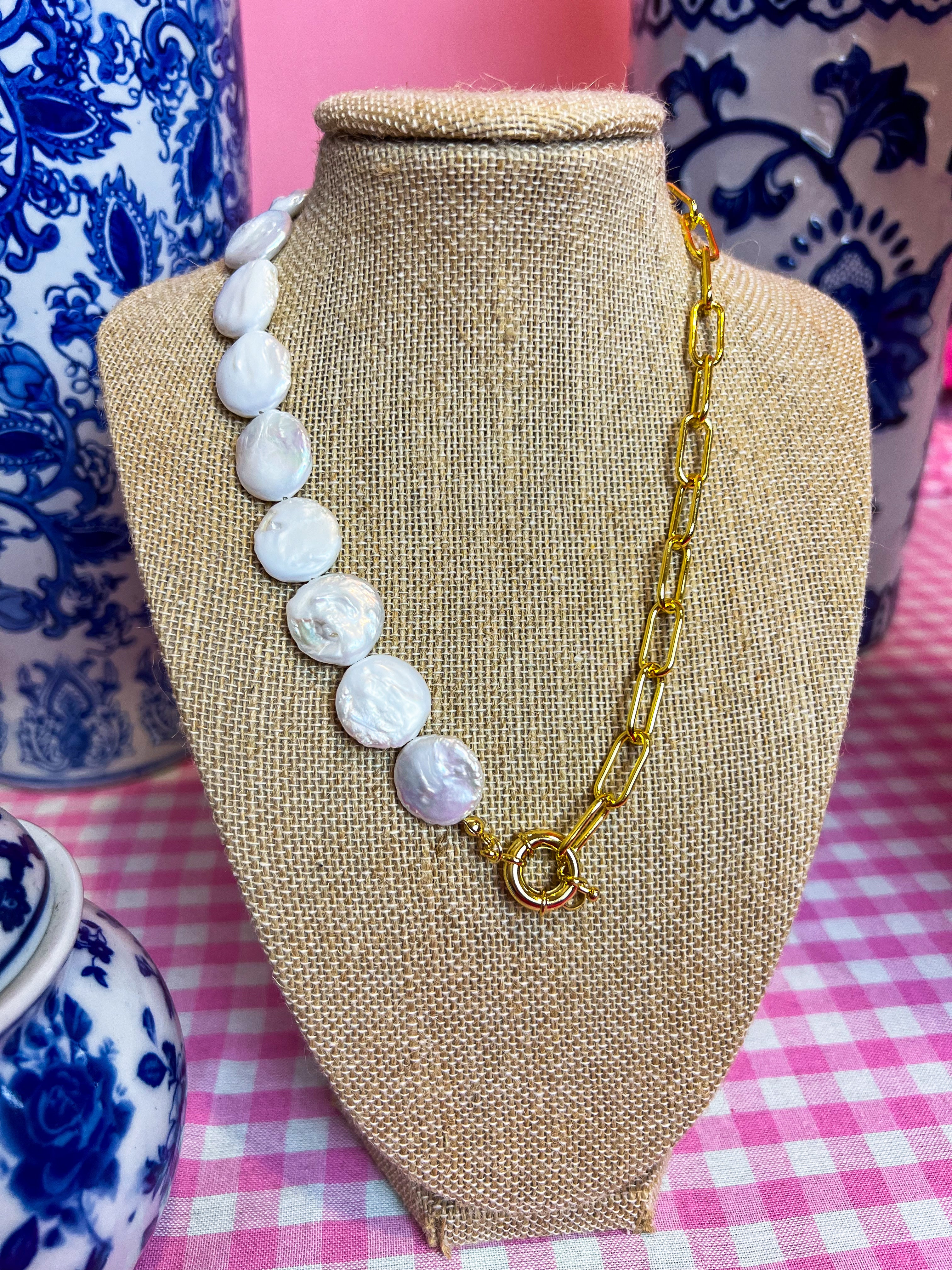 Crushed Pearl Baroque O Paperclip Chain Necklace