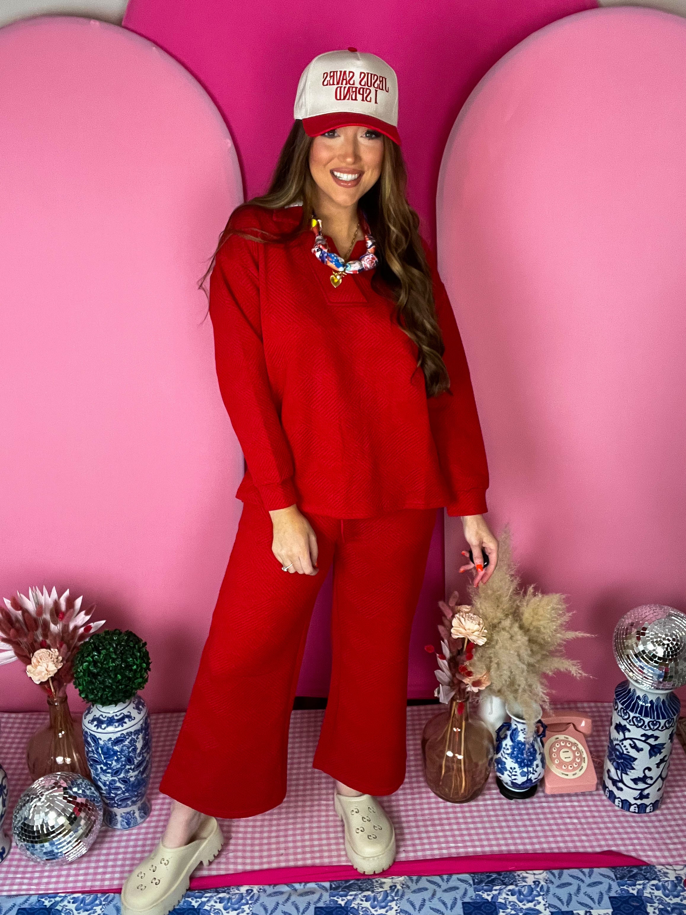 Red Texture Wide Cropped Pants