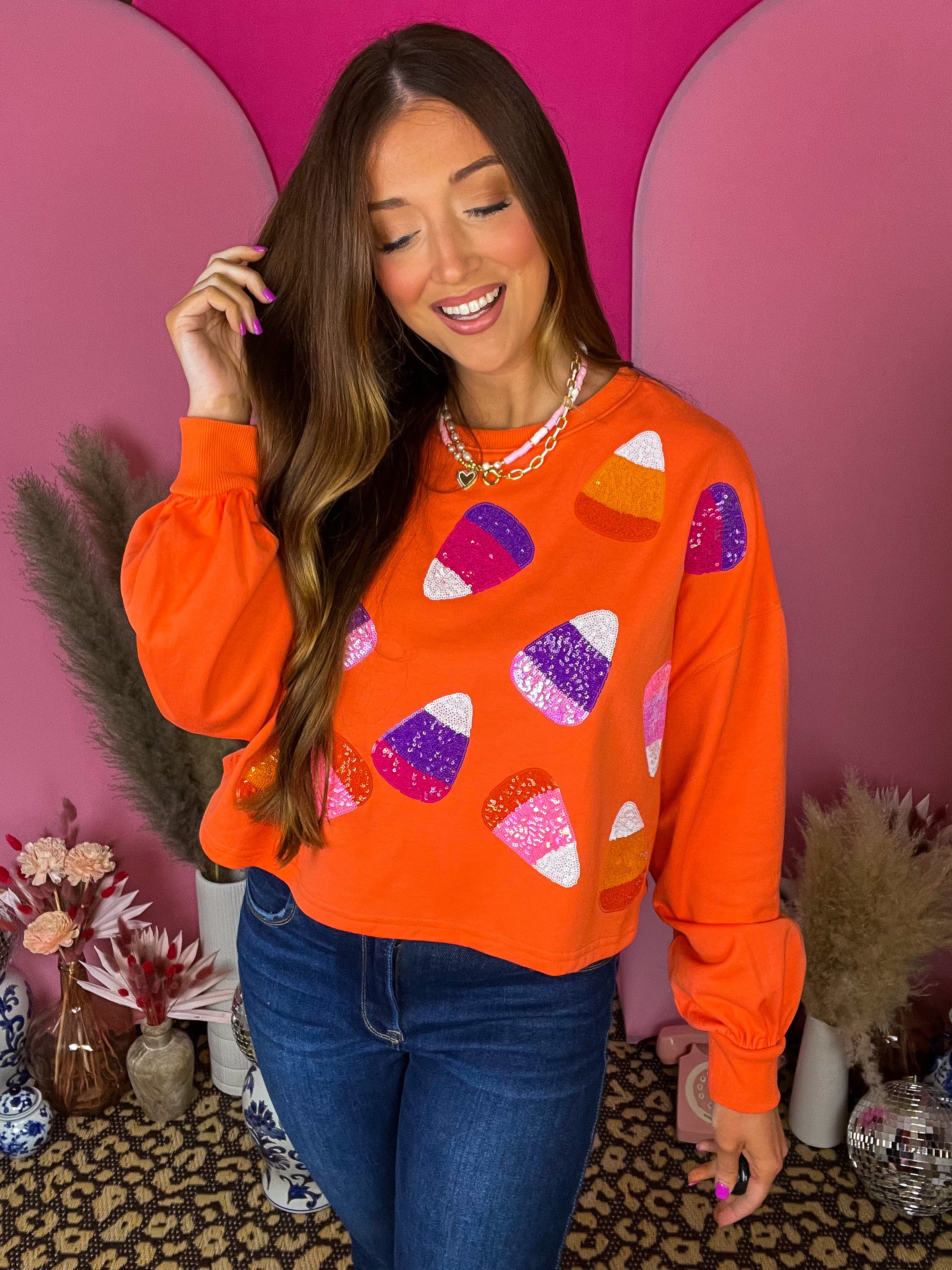 Orange Halloween Candy Corn Sequin Embroidered Pullover