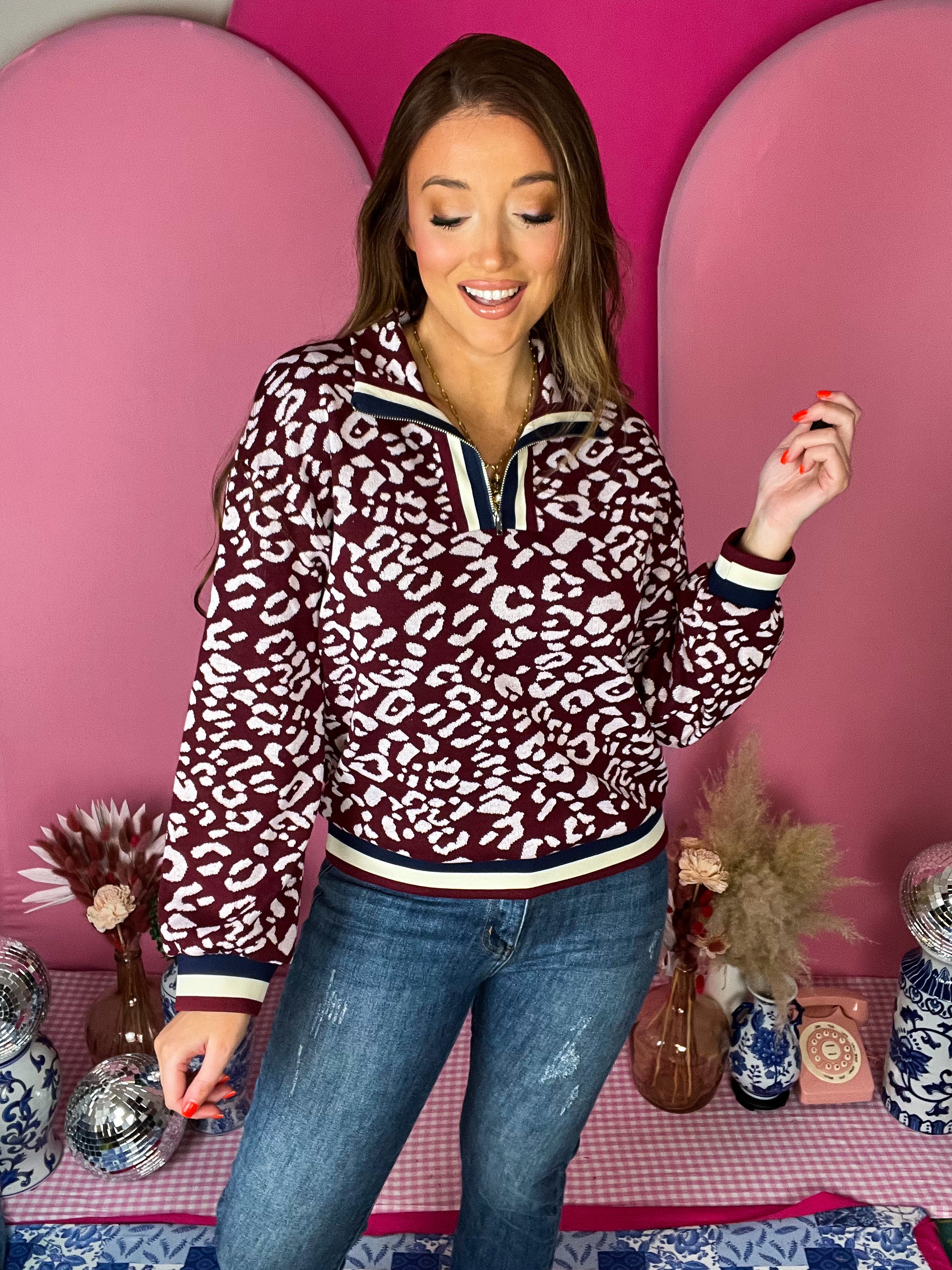 Burgundy Leopard Zip Up Pullover