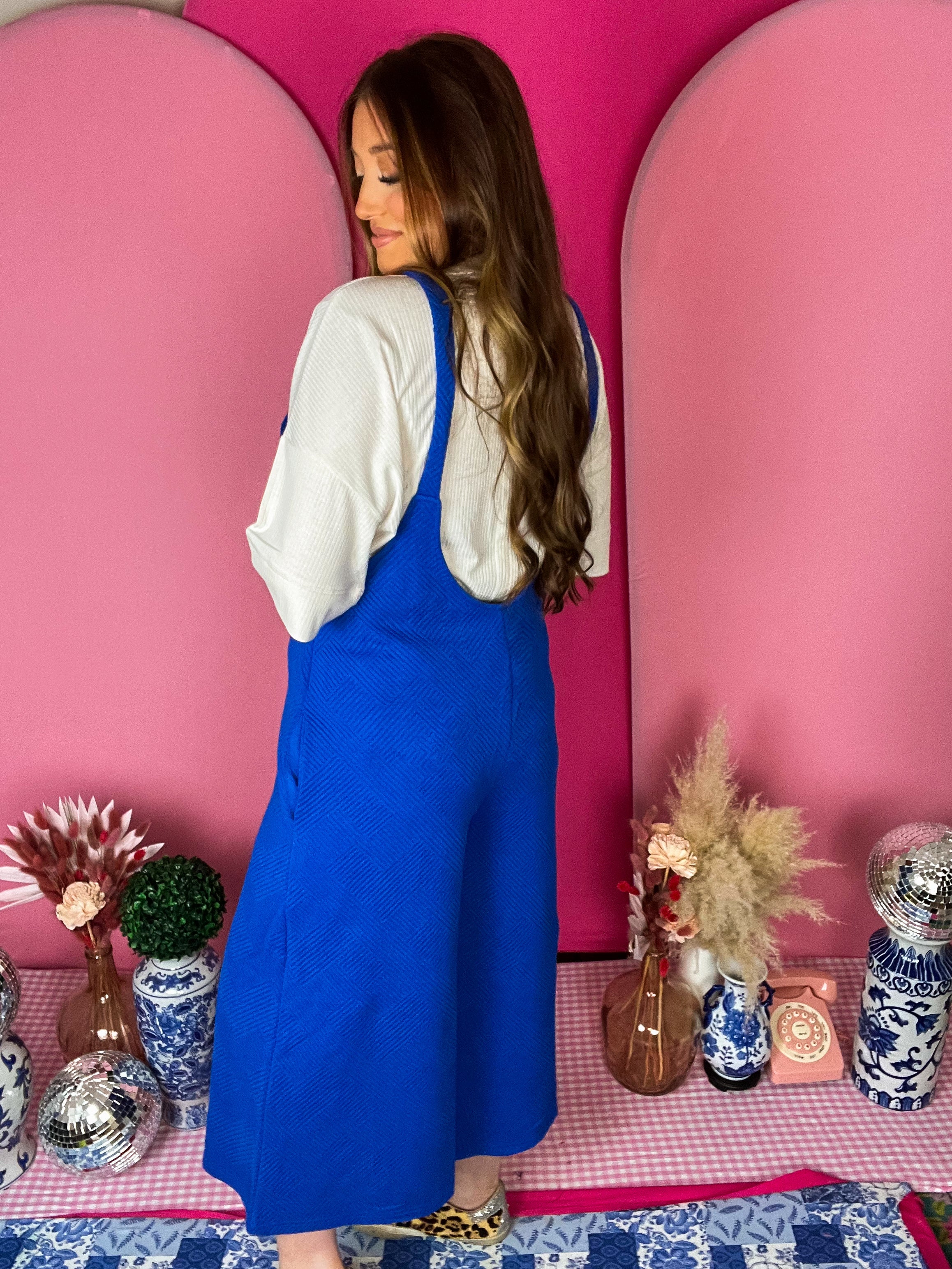 Royal Blue Texture Cropped Overalls