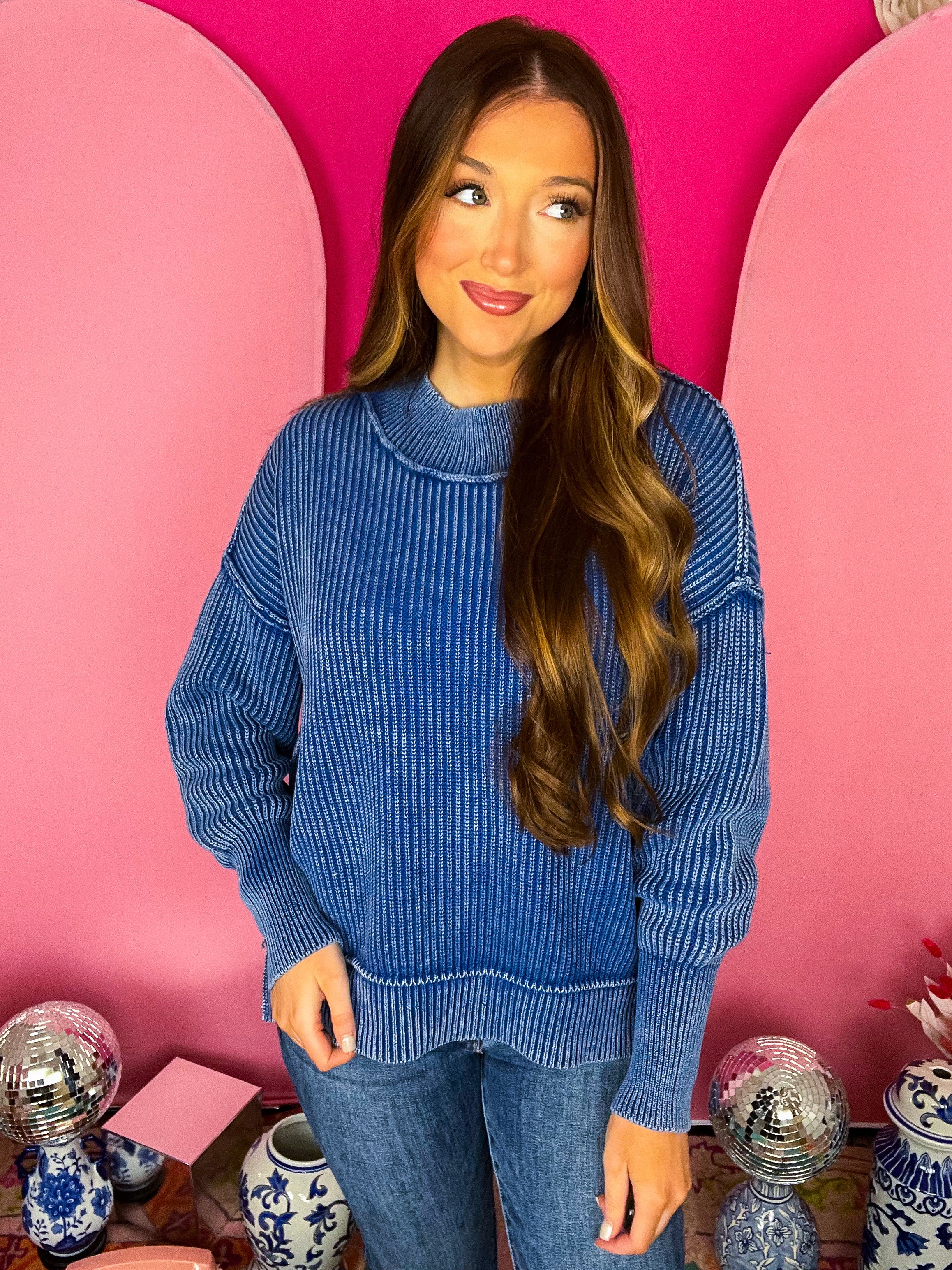 Cobalt Oversize Slit Sweater