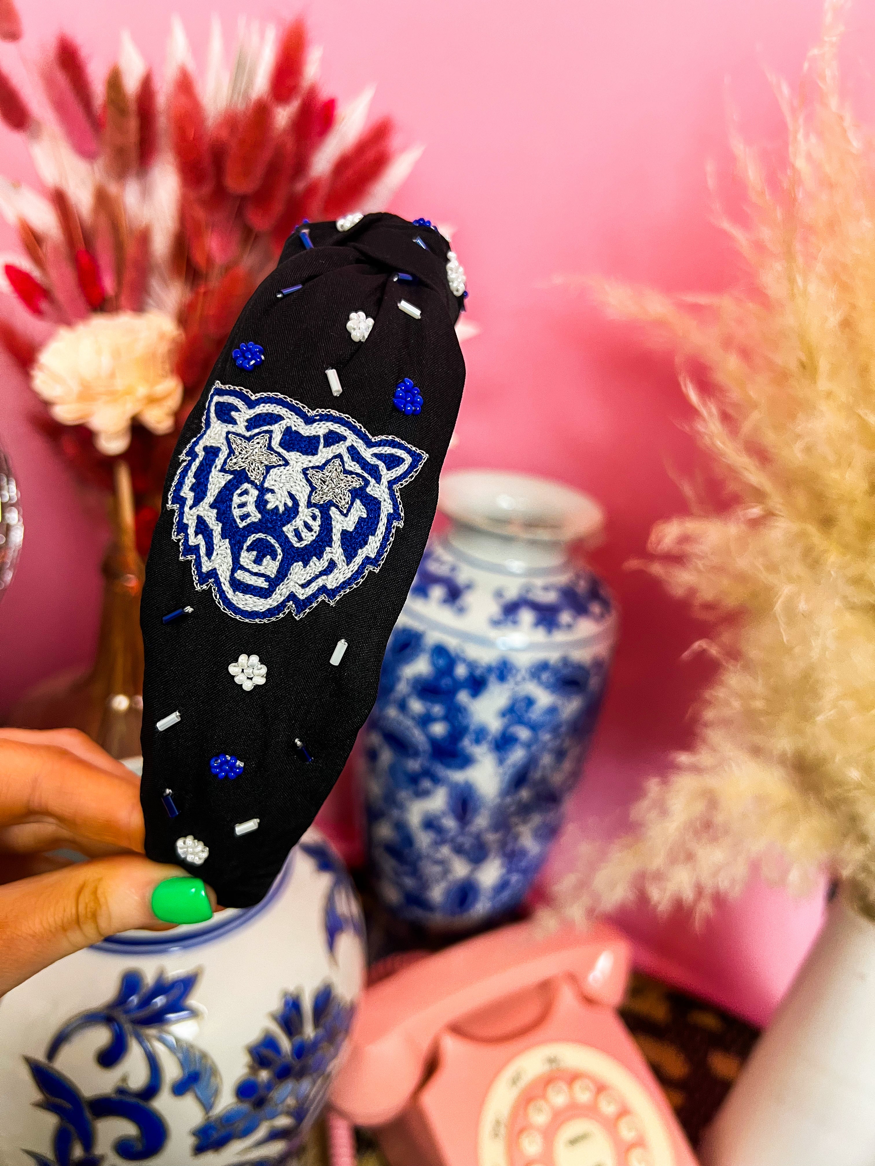 Black Embroidered Wildcat Head Embellished Custom Headband