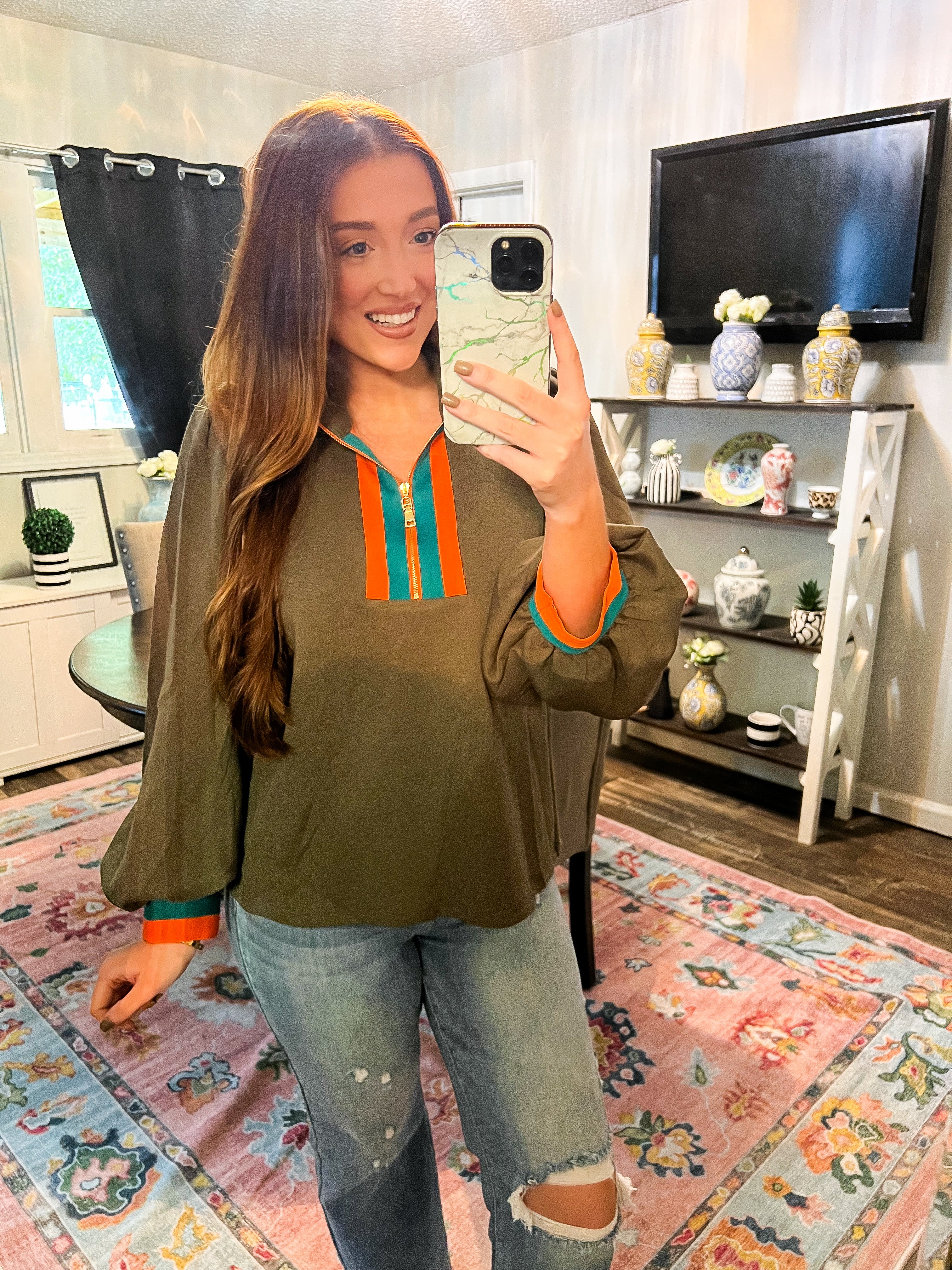 Olive Rib Band Front Zip