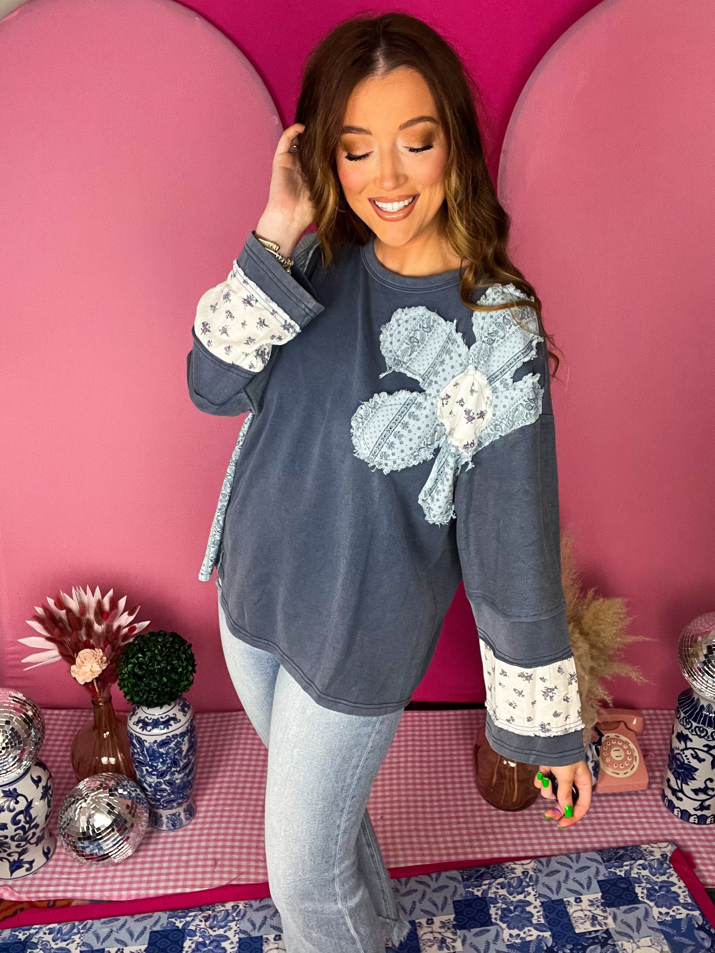 Denim French Terry Patchwork Pullover