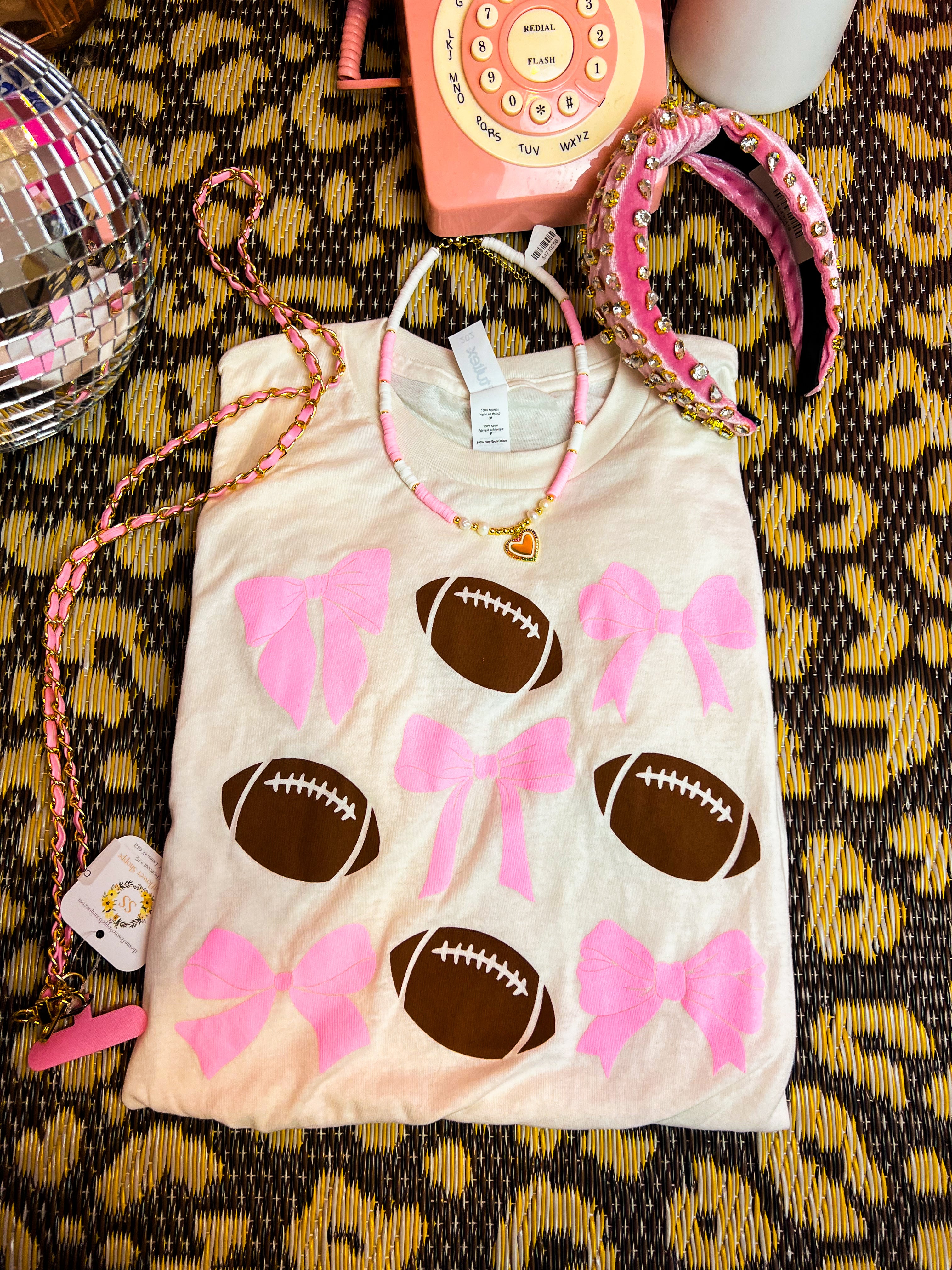 Cream Tee Pink Bow Football Short Sleeve