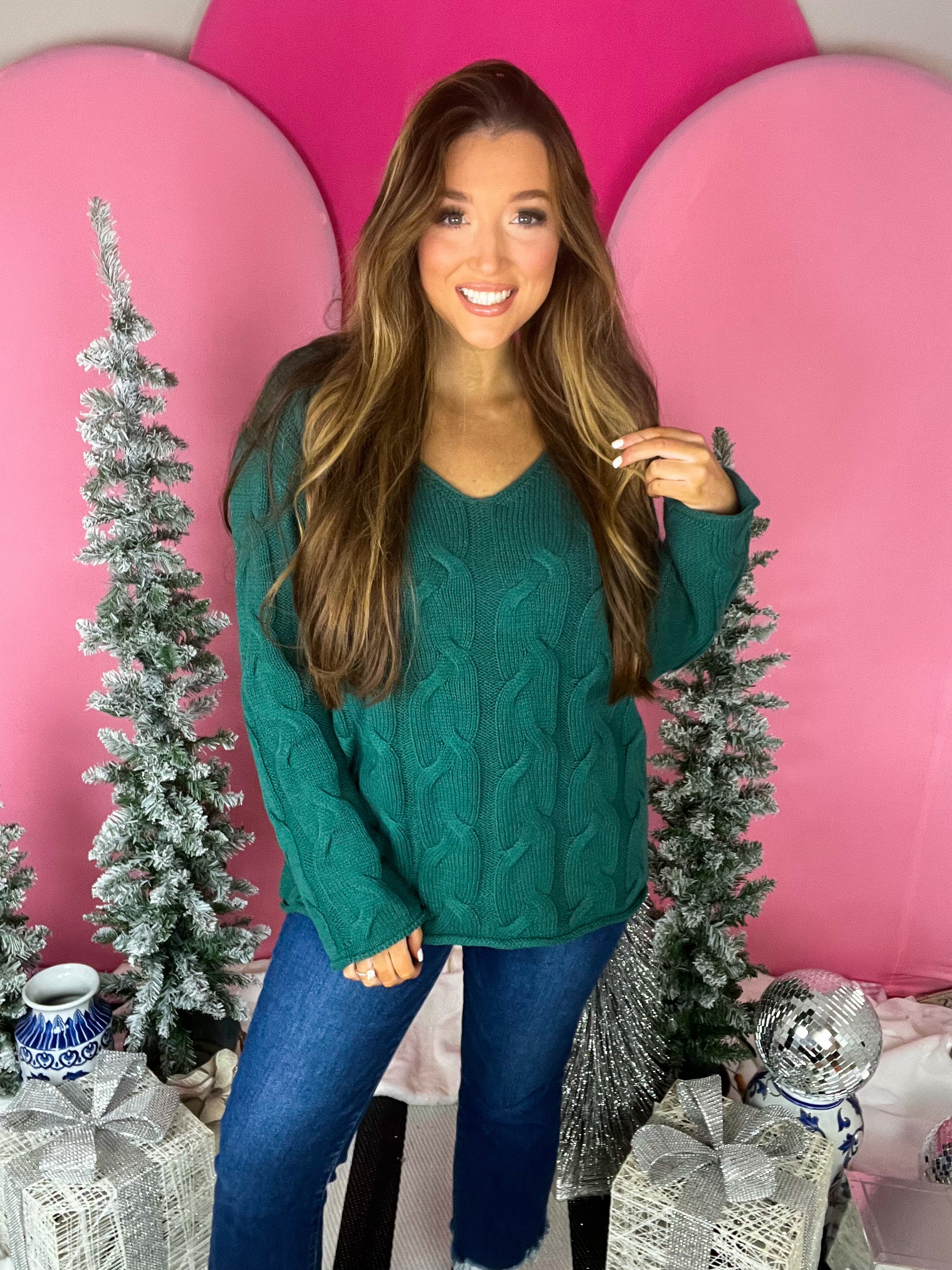 Dark Green Knit Cable Sweater