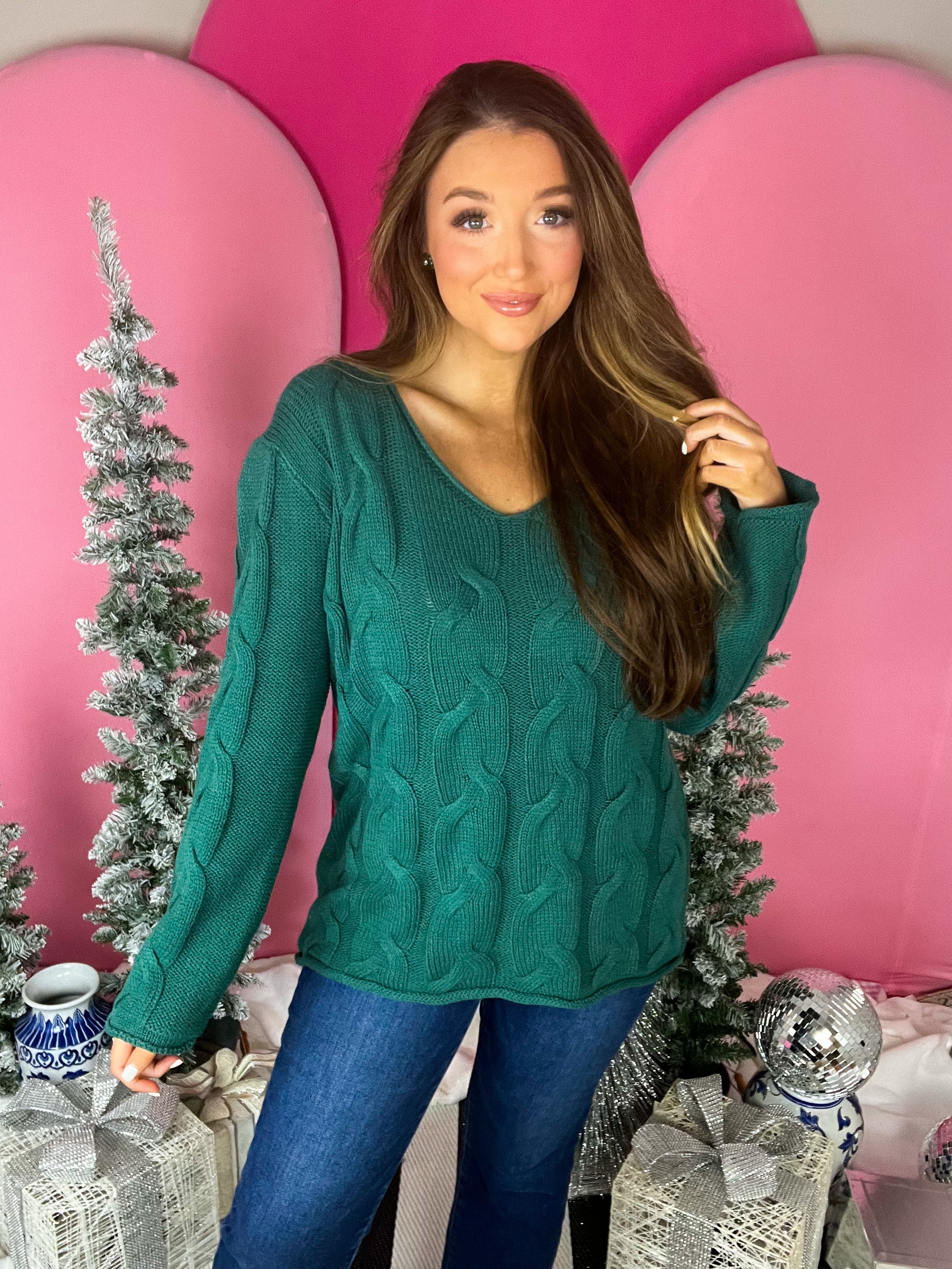 Dark Green Knit Cable Sweater