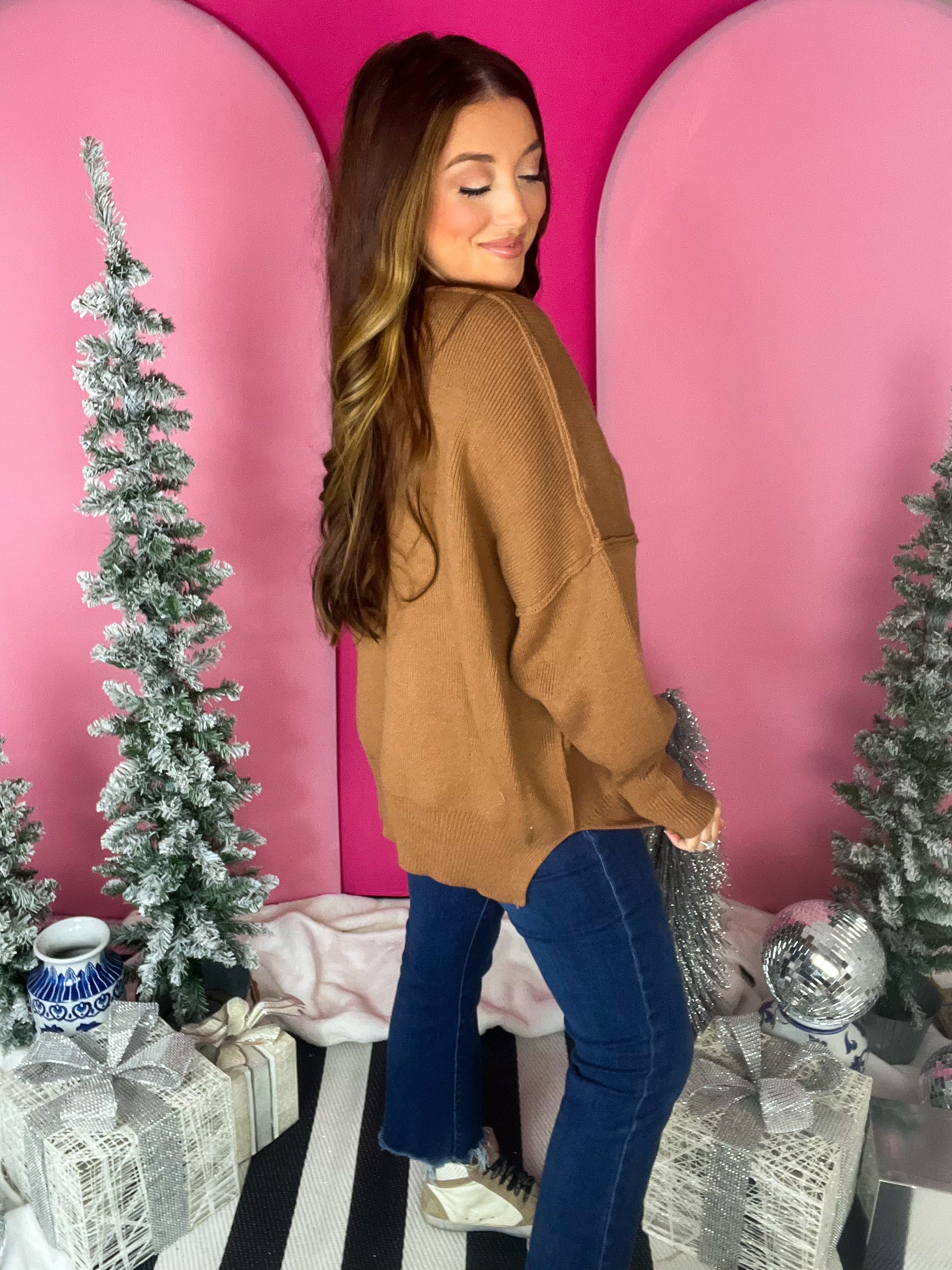 Oversized Side Slit Camel Sweater