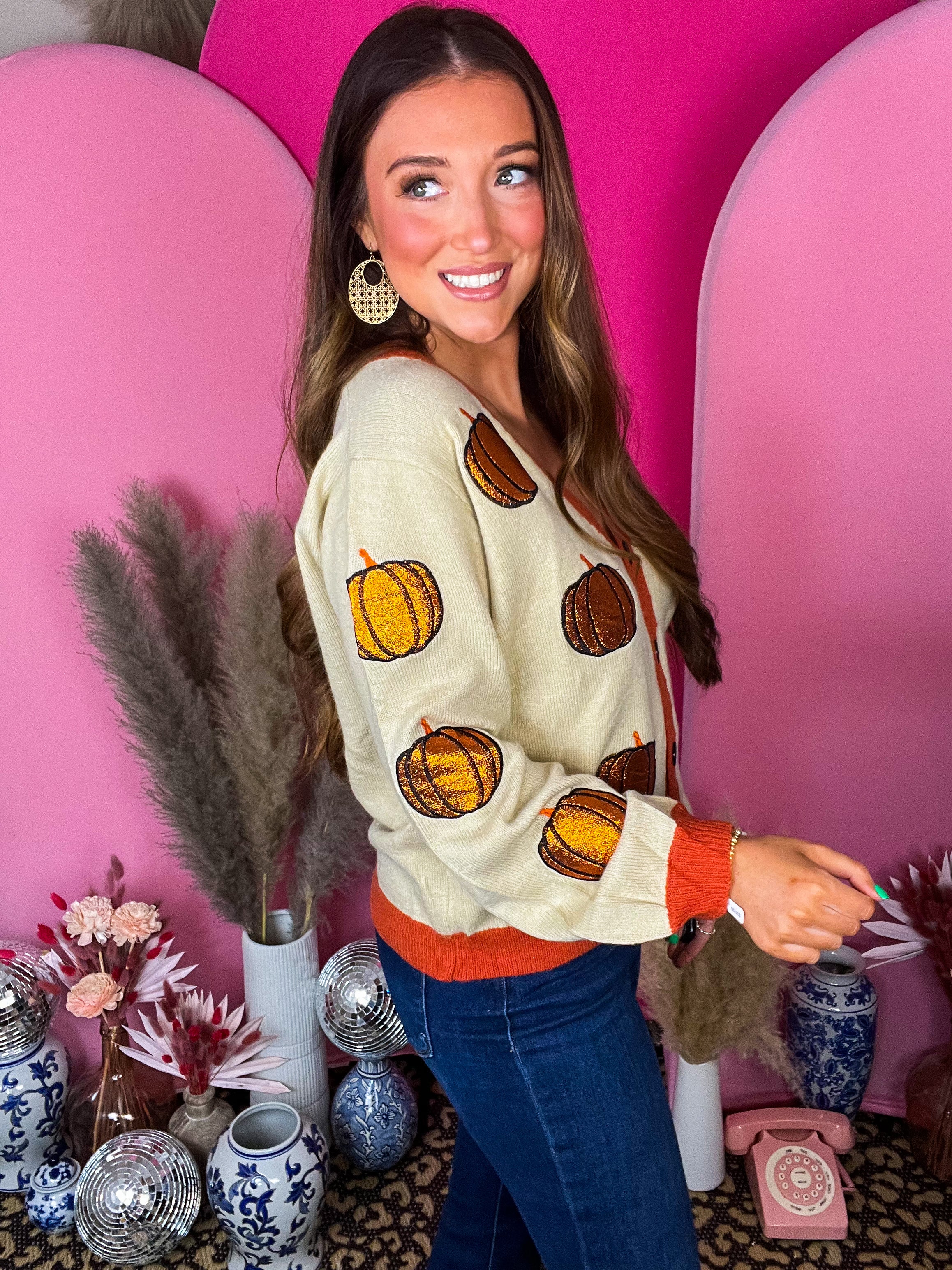 Cream Pumpkin Embroidered Cardigan