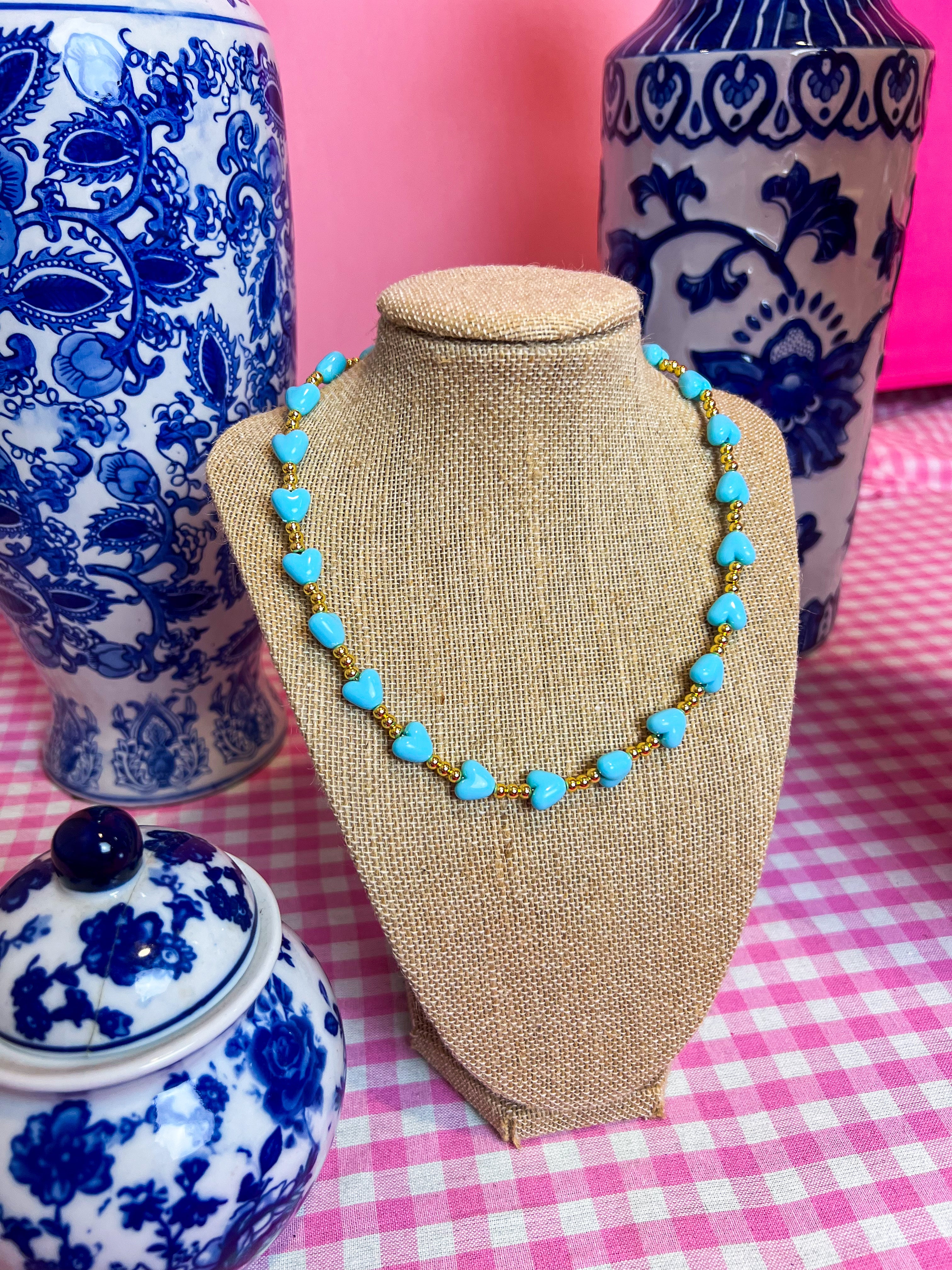 Turquoise Beaded Heart Gold Necklace