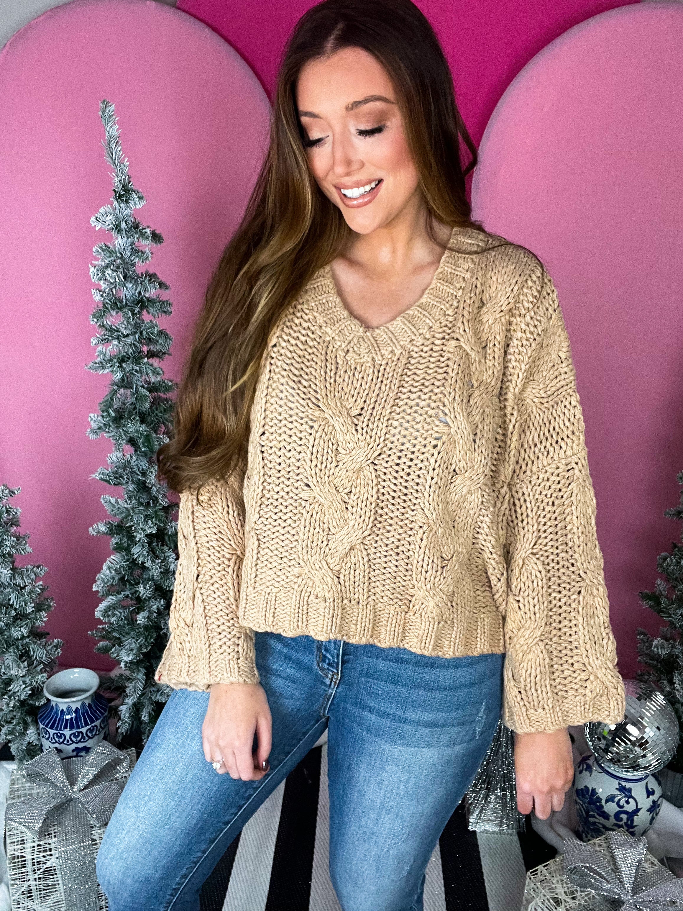 Taupe V Neck Cable Sweater