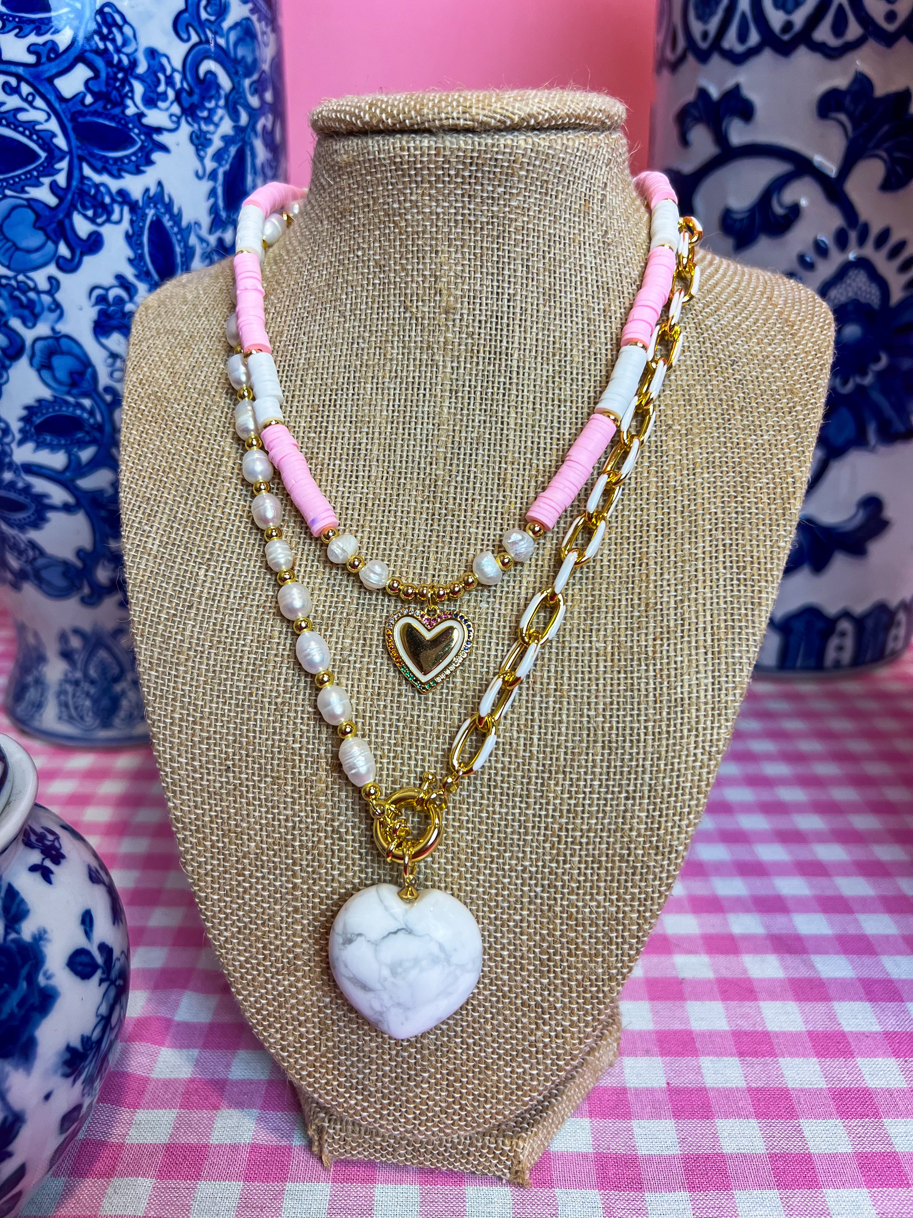 White Clay Marble Enamel Heart Necklace