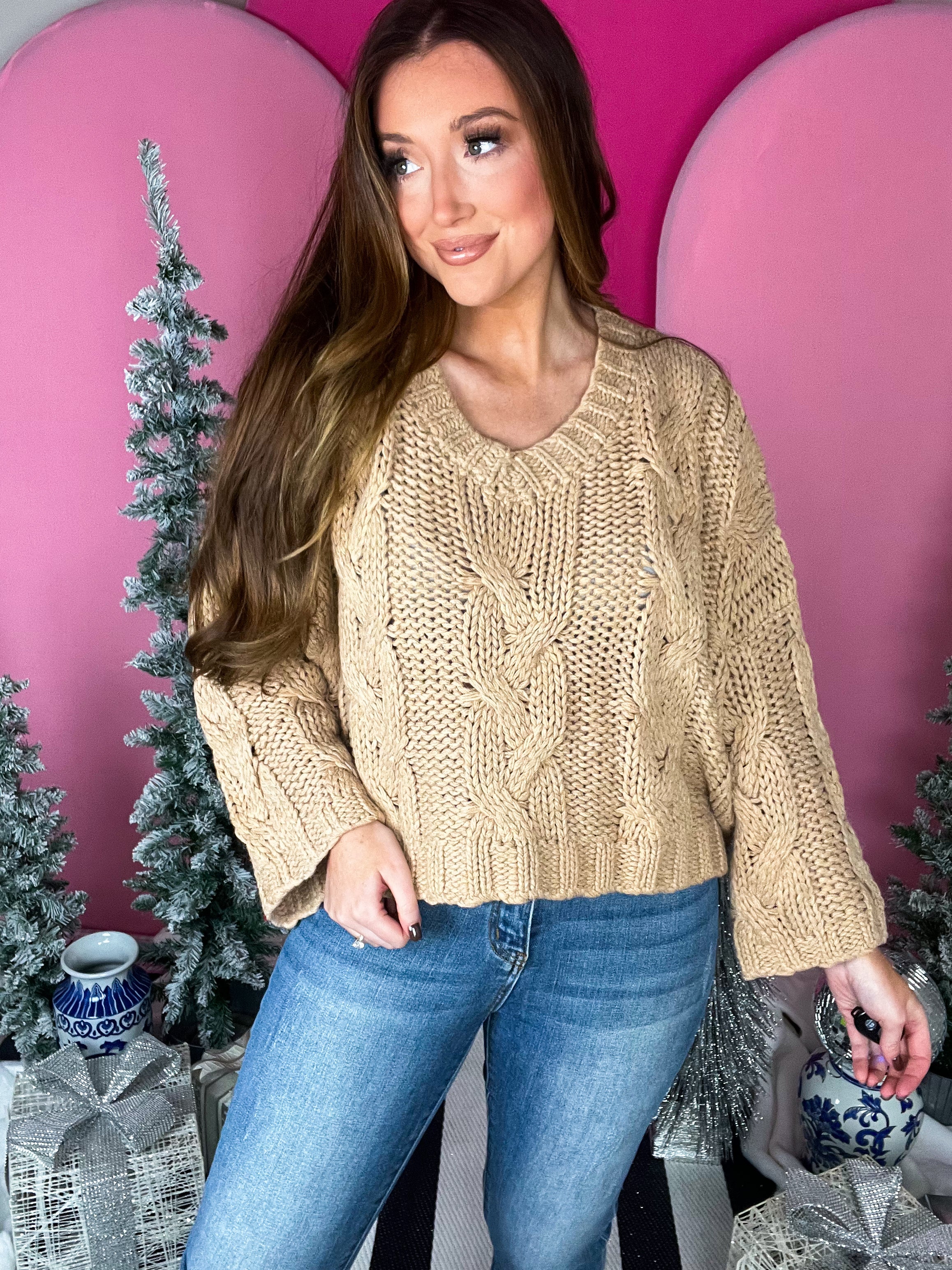 Taupe V Neck Cable Sweater