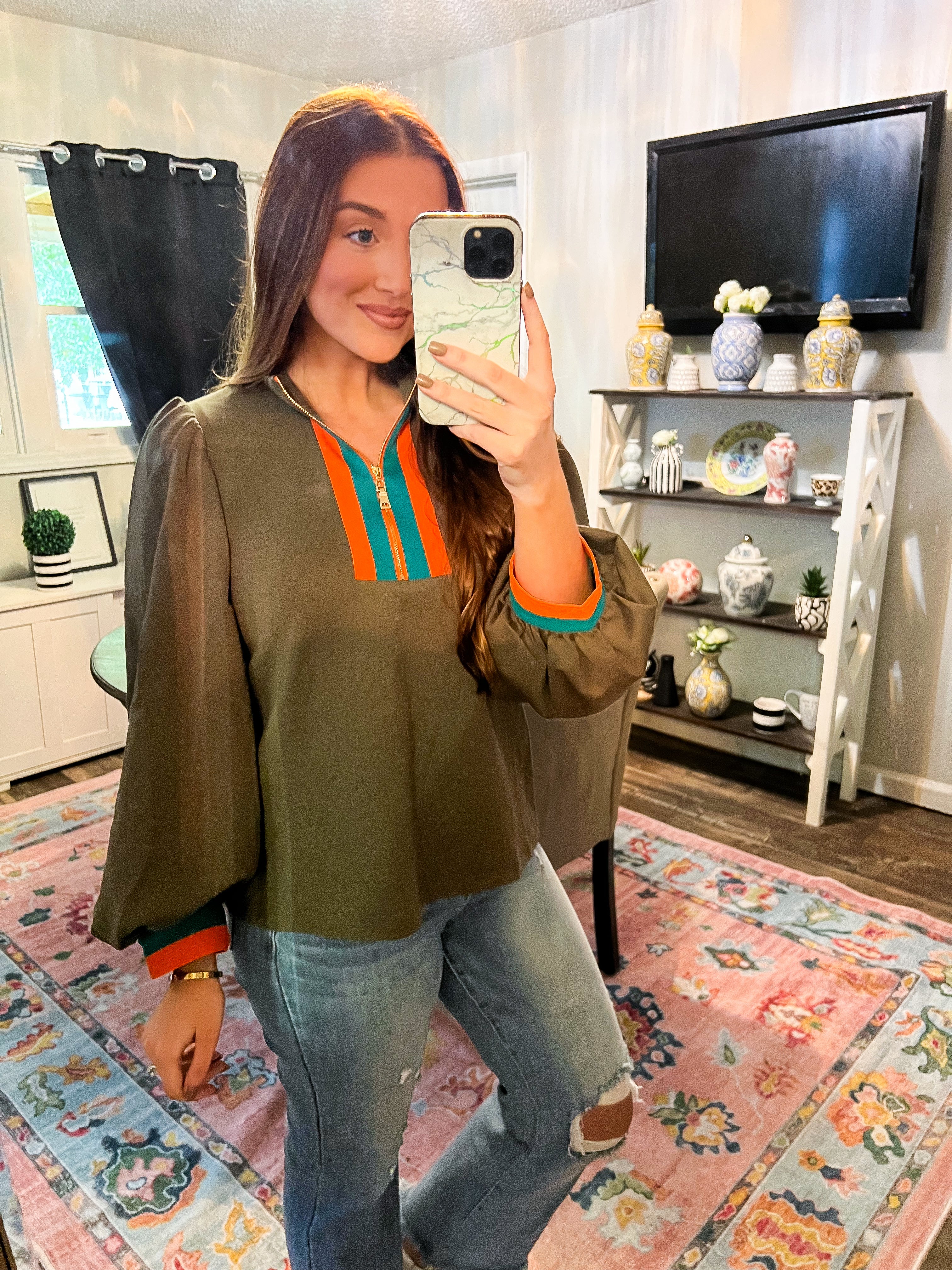 Olive Rib Band Front Zip