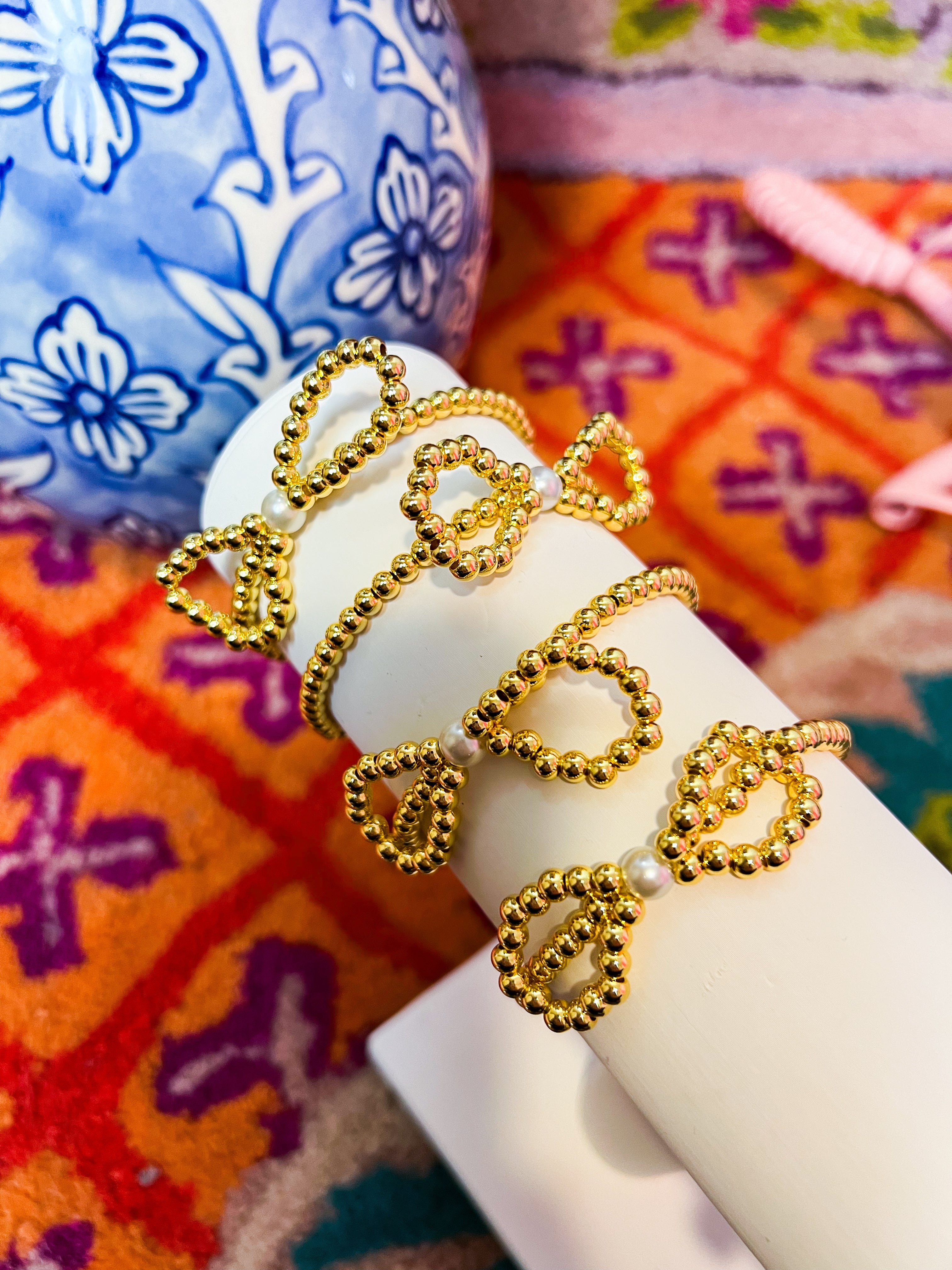 Gold Beaded Pearl Bow Bracelet